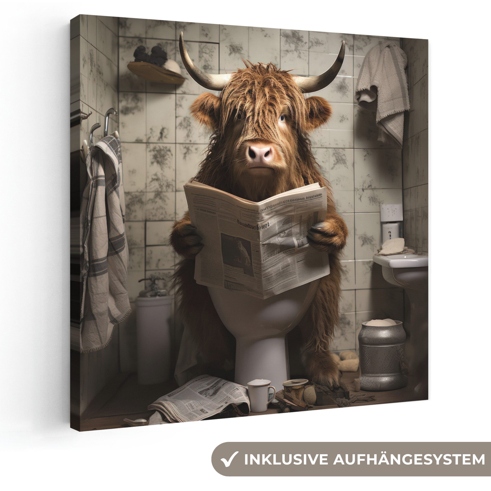 OneMillionCanvasses® Leinwandbild Scotch highlander - Toilette - Zeitung - Badezimmer, Fotodruck (1 St), Wandbild, Deko Schlafzimmer Wohnzimmer Flur 20x20 cm
