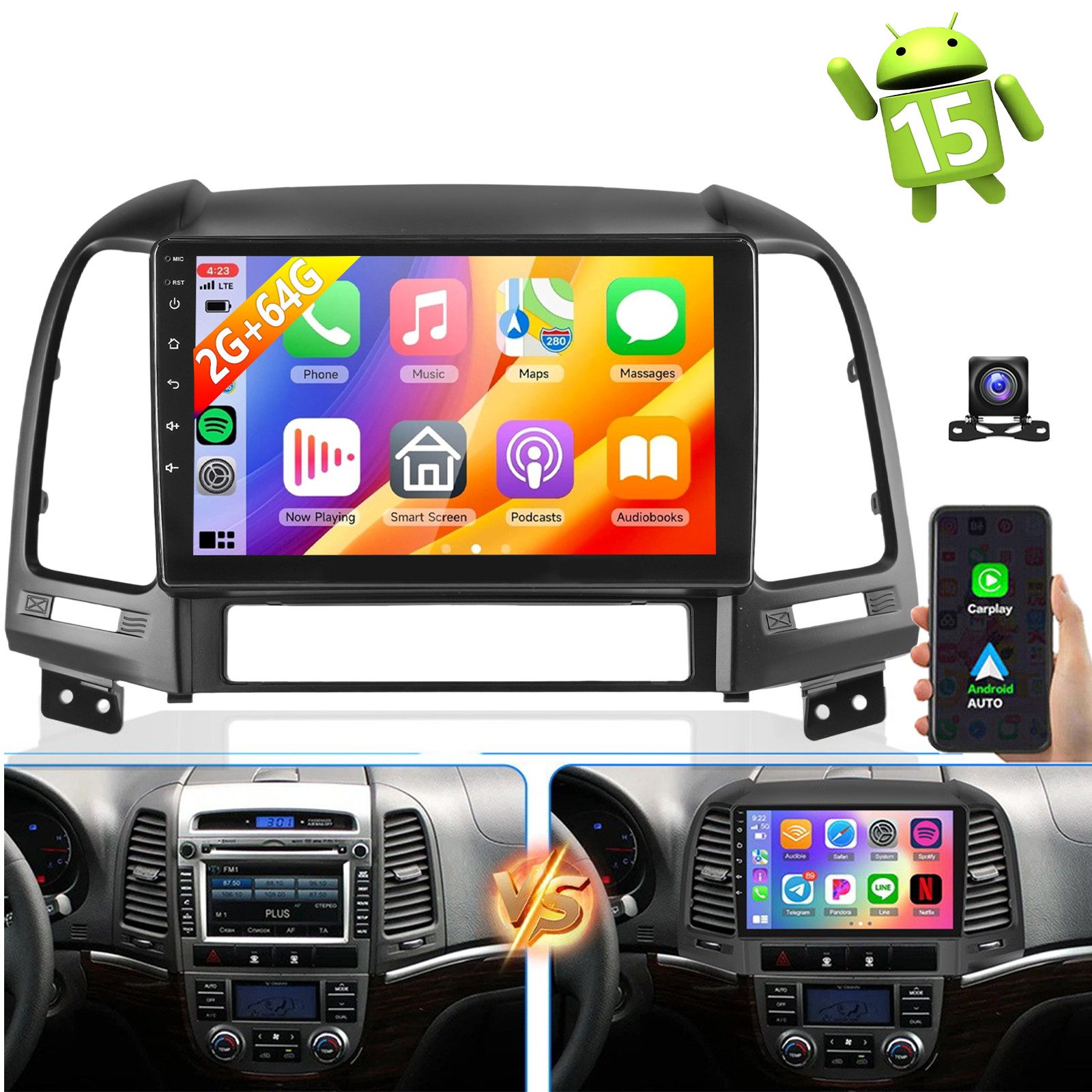 ESSGOO DAB+ Android 15 GPS Navi Android Auto Für Hyundai Santa 2006-2012 Autoradio (RDS, 4+64GB(optional), Digitalradio (DAB), AM, Carplay Android Auto Bluetooth EQ USB GPS Navi WIFI Touchscreen)