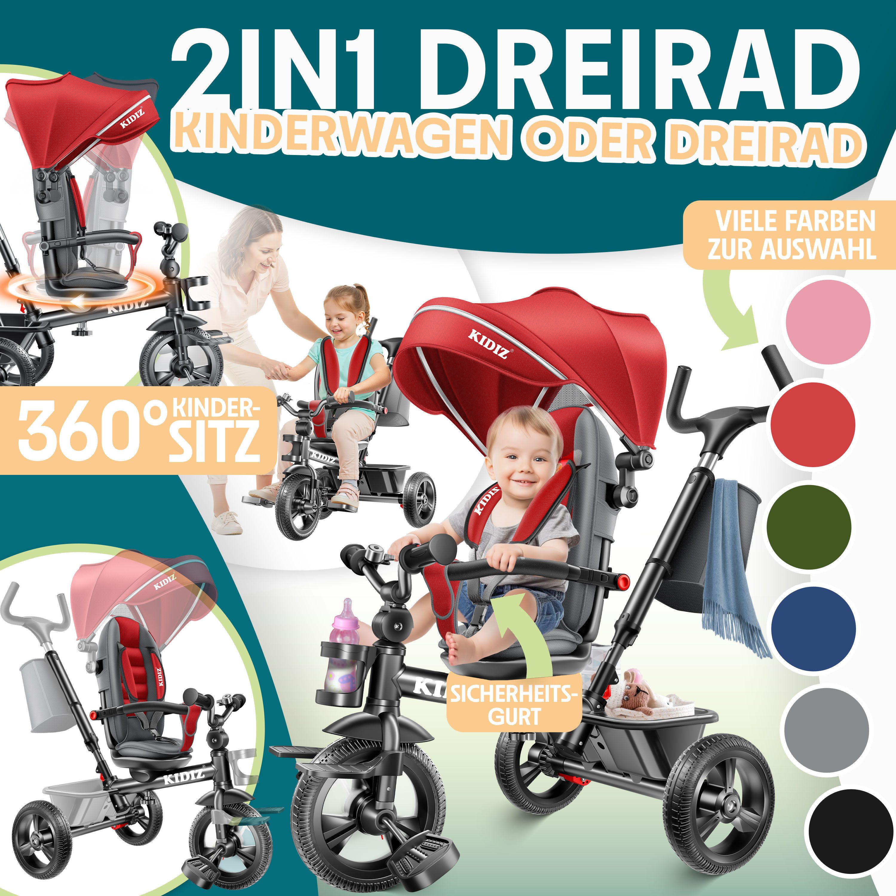 KIDIZ Dreirad, Dreirad 5in1 Kinderdreirad mit Schubstange Lenksystem Stange