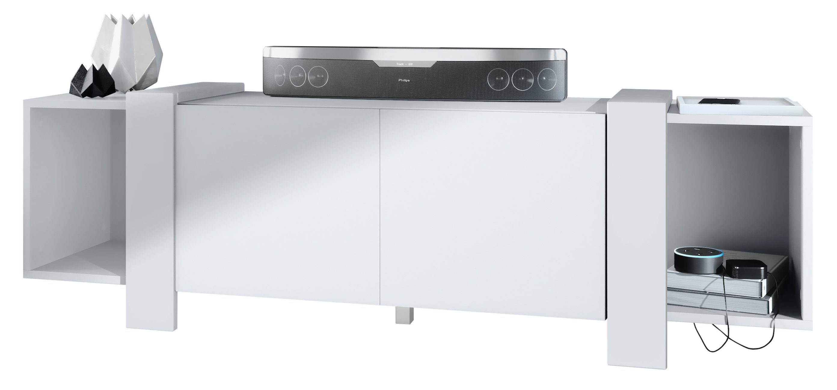 Vladon Lowboard Ida (TV-Kommode, mit 2 Türen und 2 offene Fächer), Weiß matt (149 x 45,5 x 34 cm)