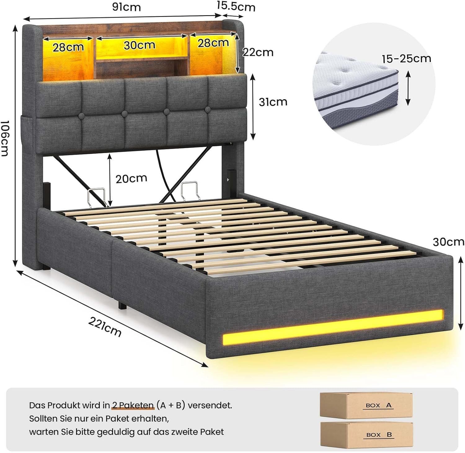 MSMASK Polsterbett Hydraulisches Stauraumbett mit LED-Bleuchtung, 90X200 cm (1-tlg., Ohne Matratze), Jugendbett mit USB- und Type-C-Anschlüsse, Leinenstoff – Bild 2 von 5