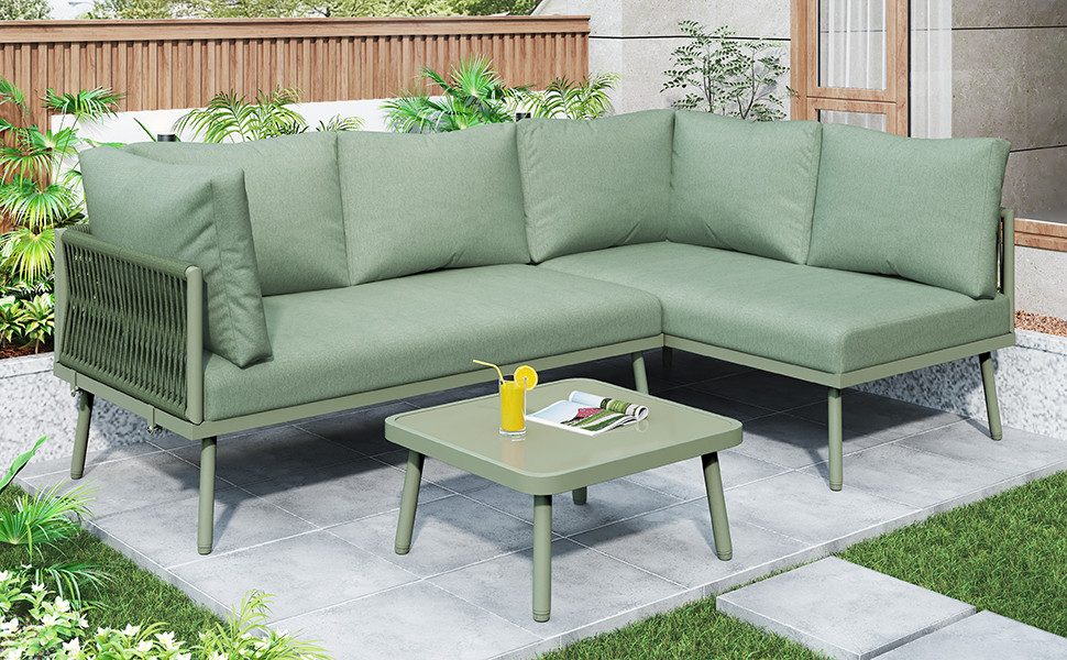 EXTSUD Garten-Essgruppe Garten-Lounge-Set 3-tlg., 2 Sofas + Tisch, Eisen, grün