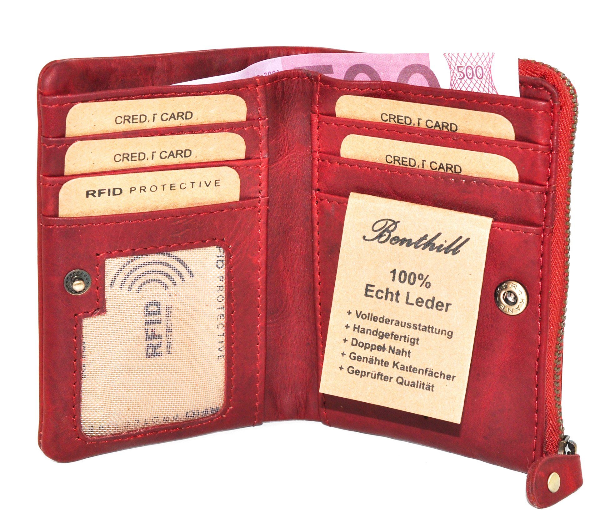 Kartenfächer Schutz Rot RFID-Schutz Kartenfächer Reißverschlussfach Benthill Slim-Wallet, Geldbörse Münzfach Leder 6 Echt Klein Geldbeutel RFID