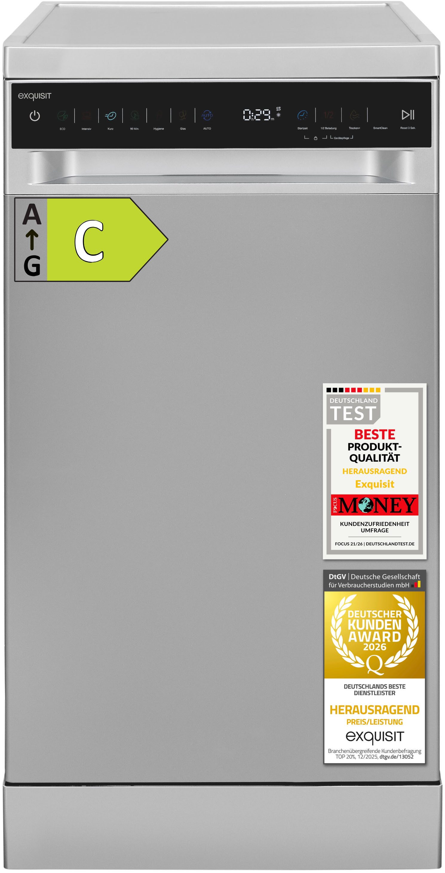 exquisit Standgeschirrspüler 9310 GSP9311-450C silber, 8,3 l, 10 Maßgedecke, 10 Maßgedecke, 7 Programme, LED, Besteckkorb, Auto Door Open, AquaStop
