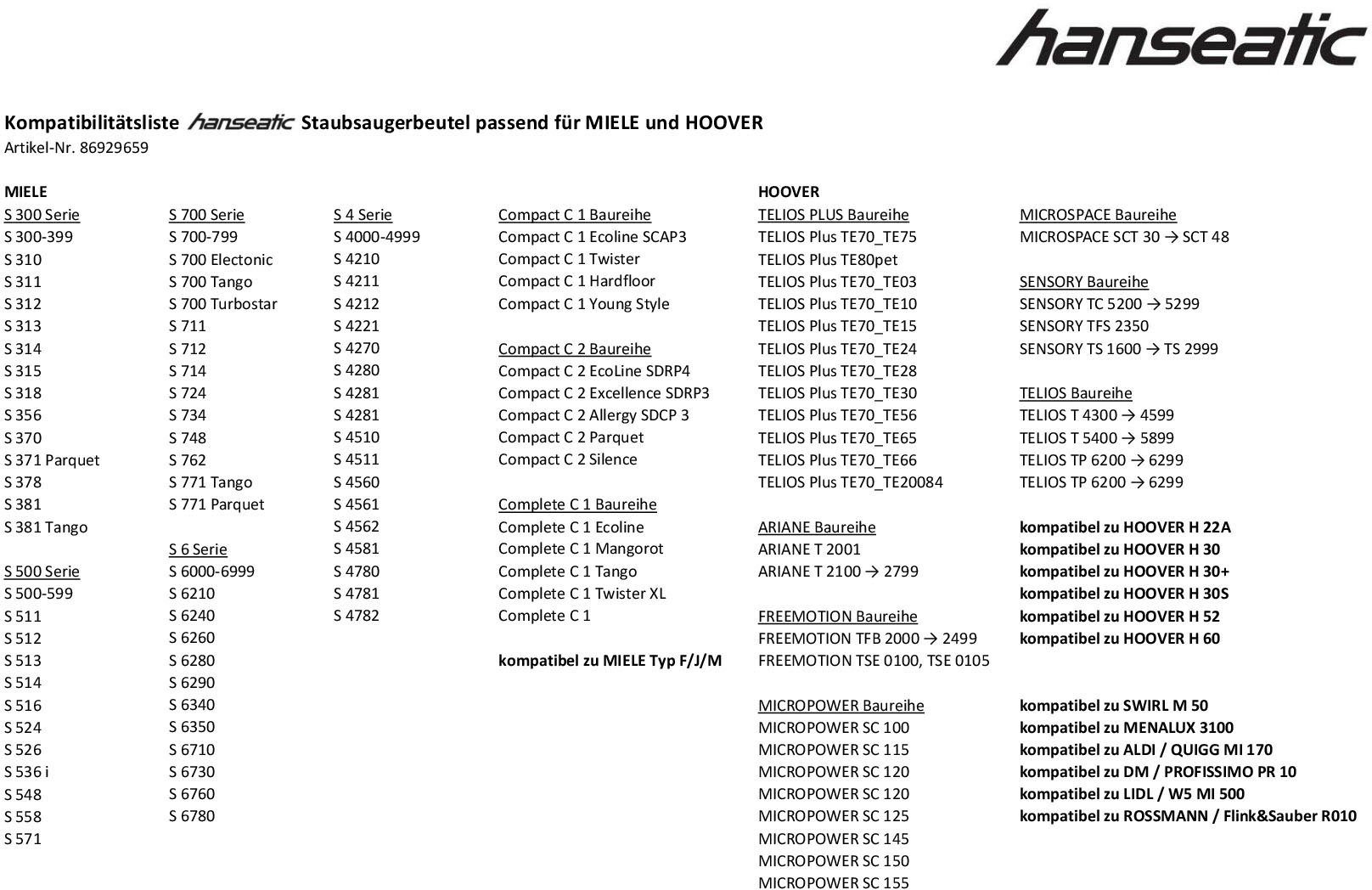 Hanseatic Staubsaugerbeutel, passend für Staubsaugerbeutel, TE70_TE75, S6210 passend für S4 S4210 und HANSEATIC Pack, und HOOVER S6 S C1 passend HOOVER / / Telios / Telios MIELE MIELE -Baureihen 10er- TE70_TE75 Plus Plus für 4210 10er-Pack, Compact 