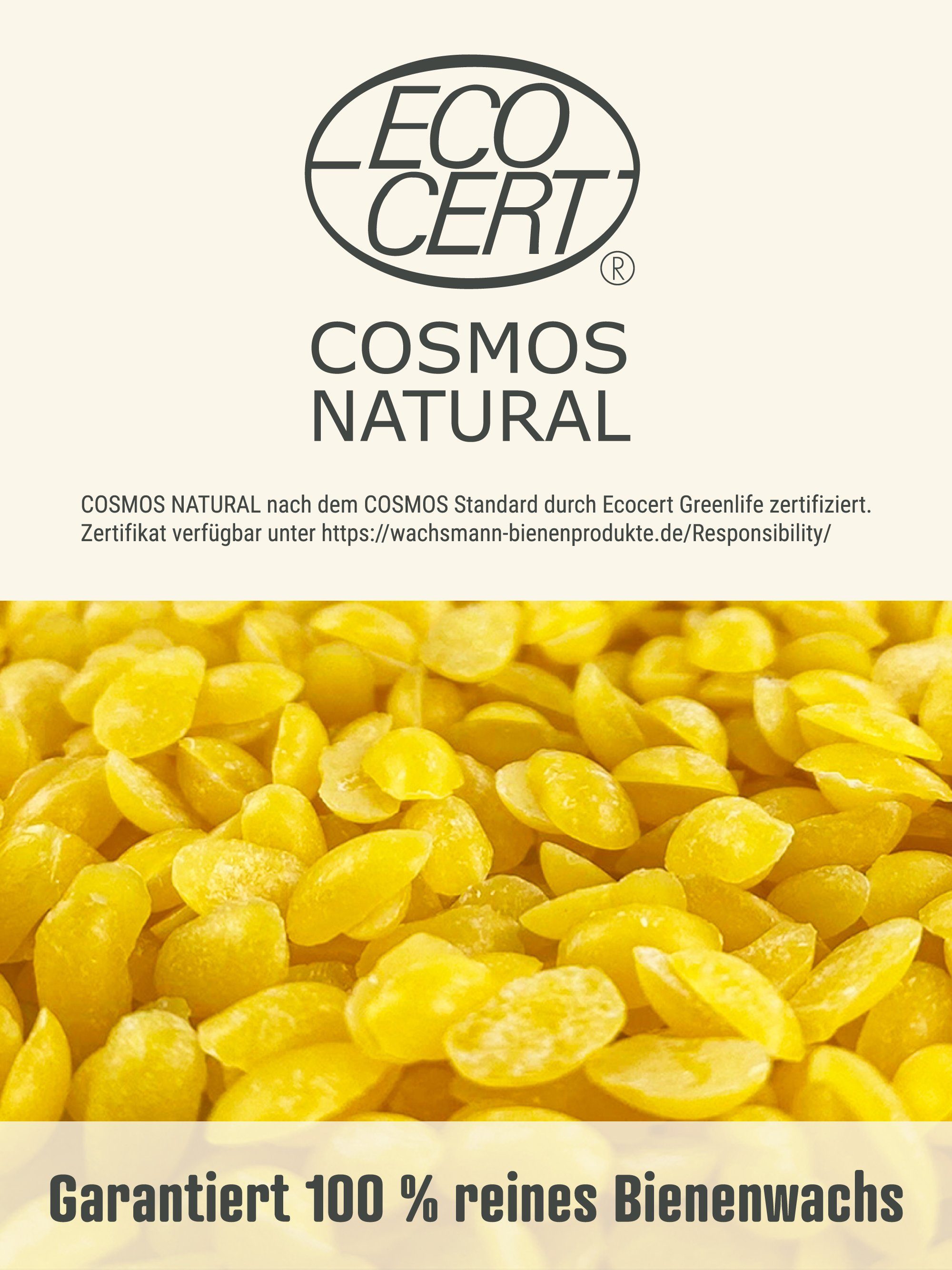 Wachsmann Bienenprodukte Bastelnaturmaterial Bienenwachs Pastillen natur 500g, (1-tlg), 100 % rein, Cosmos Natural Zertifiziert, Europharm Norm