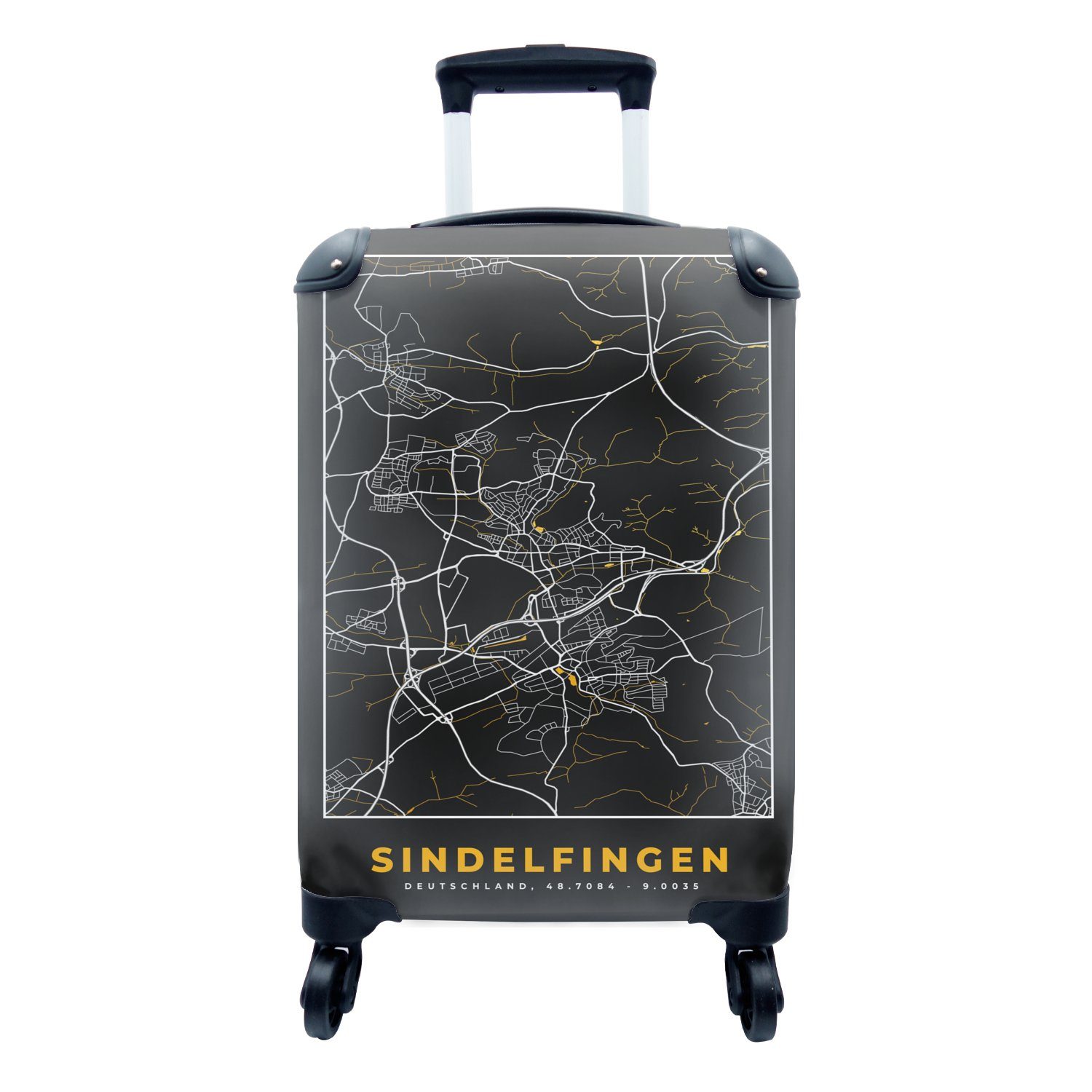 MuchoWow Handgepäckkoffer Deutschland - Schwarz und Gold - Sindelfingen - Stadtplan - Karte, 4 Rollen, Reisetasche mit rollen, Handgepäck für Ferien, Trolley, Reisekoffer