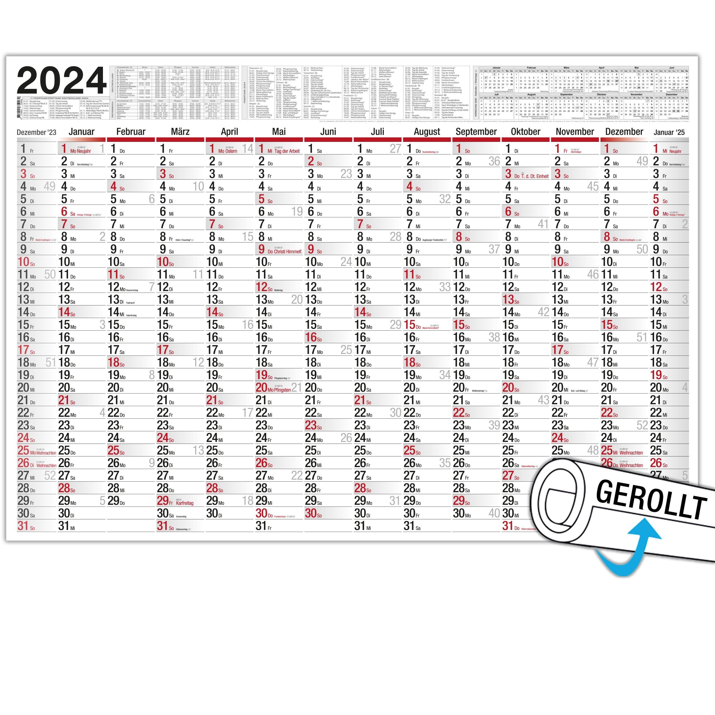 TOBJA Wandkalender B1 Plakatkalender 2024 Wandkalender Kalender [gerollt], XXL Jahreskalender 2024 Bürokalender Planer