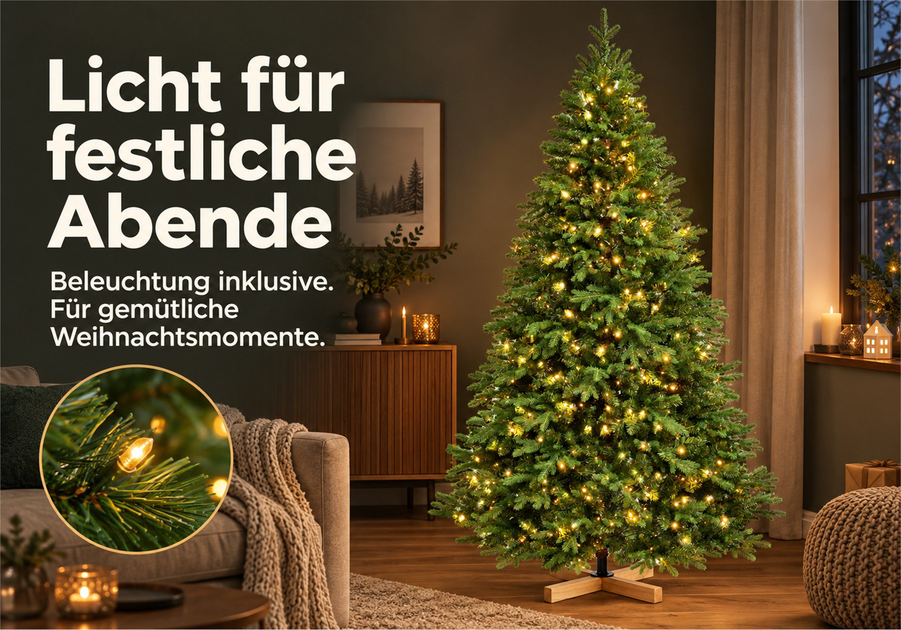 Vankel Künstlicher Weihnachtsbaum mit Beleuchtung, Holzständer, dichter Tannenbaum, grüne Weihnachtsdeko, Dichter Tannenbaum in Grün mit dekorativem Holzfuß und – Bild 4 von 5