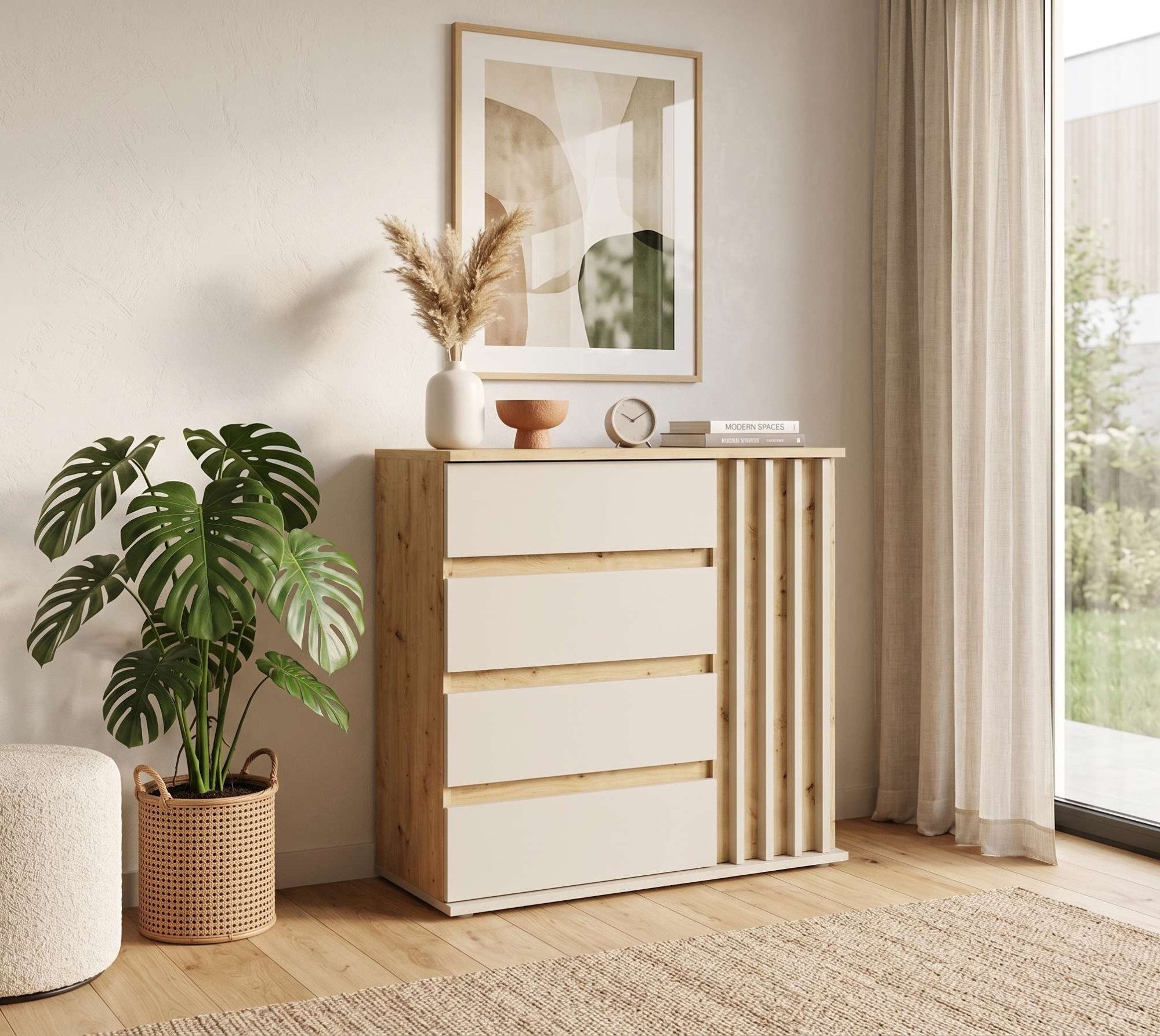 Home affaire Kommode LANDUVA Sideboard mit viel Stauraum, Breite 80 cm, Schrank mit Schubladen und 1 Tür, Lamellen Design