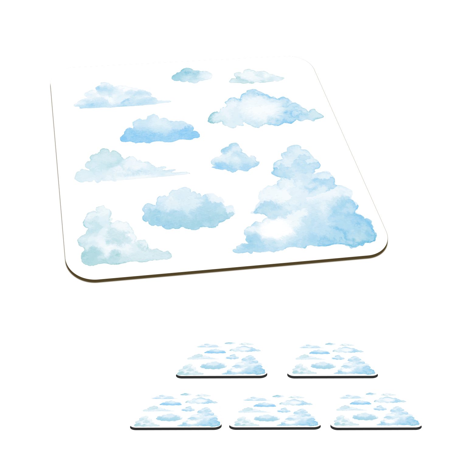 MuchoWow Glasuntersetzer Wolken mit Aquarellfarben illustriert, Zubehör für Gläser, 6-tlg., Glasuntersetzer, Tischuntersetzer, Korkuntersetzer, Untersetzer, Tasse