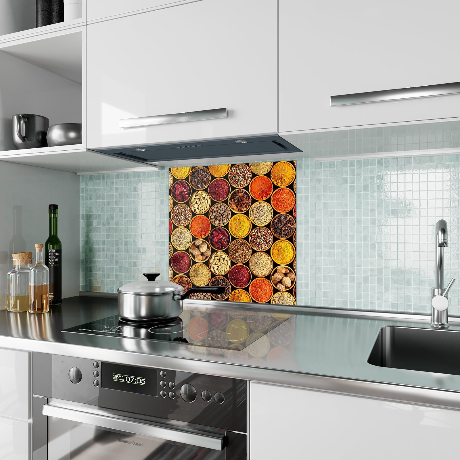 Primedeco Küchenrückwand in Motiv Glas mit Schälchen Küchenrückwand Gewürze Spritzschutz