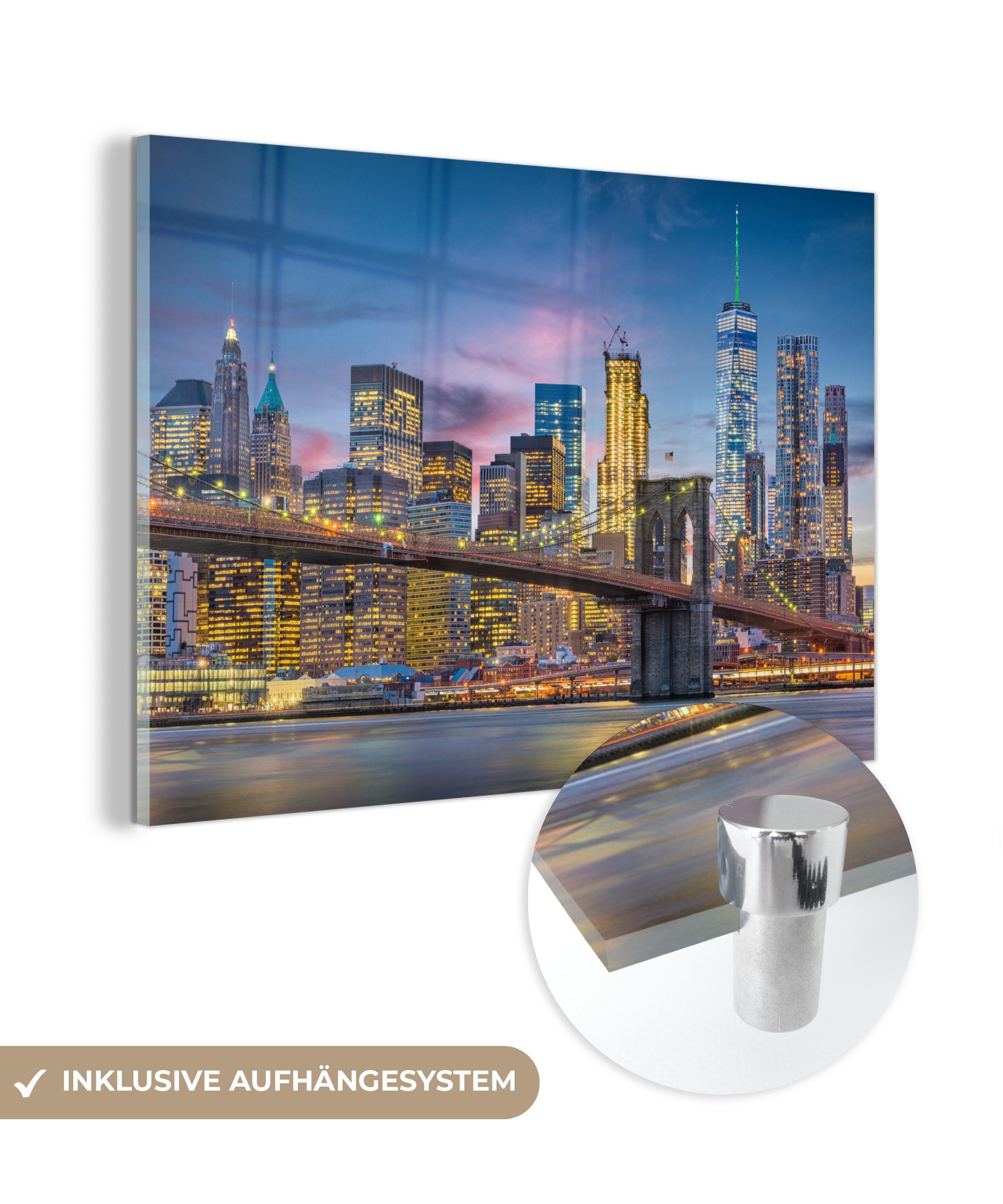 MuchoWow Acrylglasbild New York - Brooklyn Bridge - Nacht, (1 St), Acrylglasbilder Wohnzimmer & Schlafzimmer