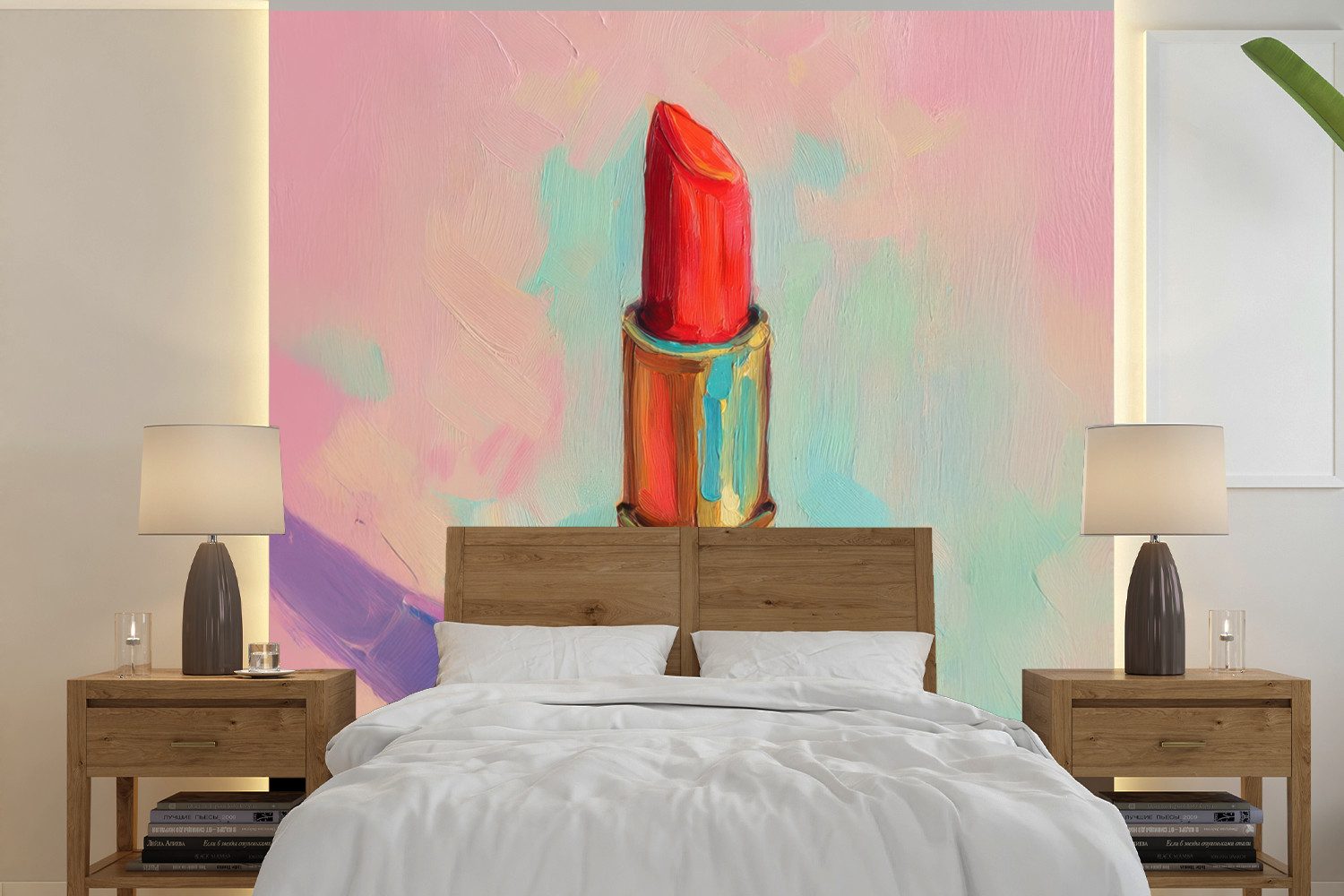 MuchoWow Fototapete Lippenstift - Rot - Pinselstriche, Matt, bedruckt, Vliestapete für Wohnzimmer Schlafzimmer Küche, Fototapete, 220x220 cm