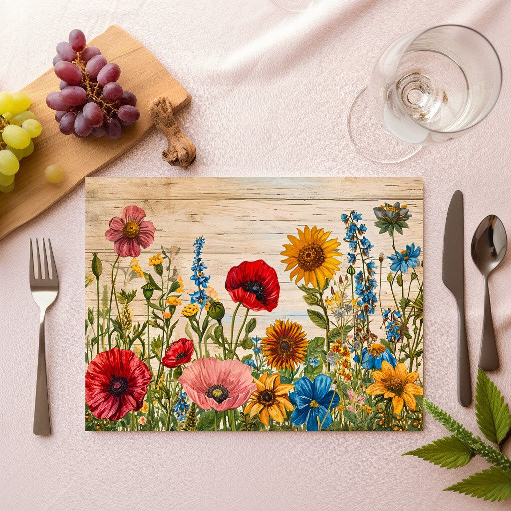 Platzset raxxa Premium-Platzset"Poppies and Wildflowers on Soft Rustic Wood"