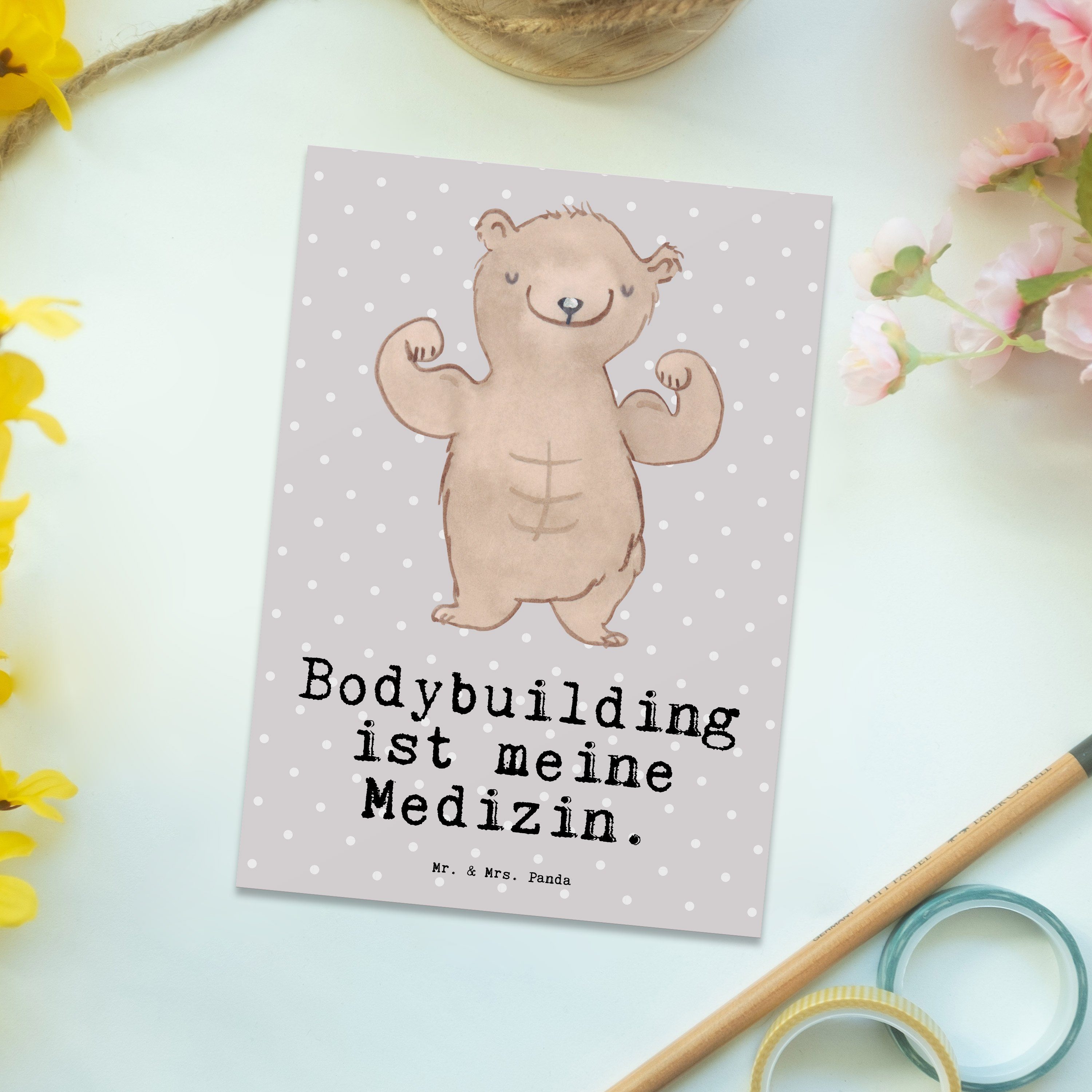 Medizin Bodybuilding Bär Grau Mr. Panda Geburtstagskarte Postkarte Pastell Geschenk, & - Mrs. -