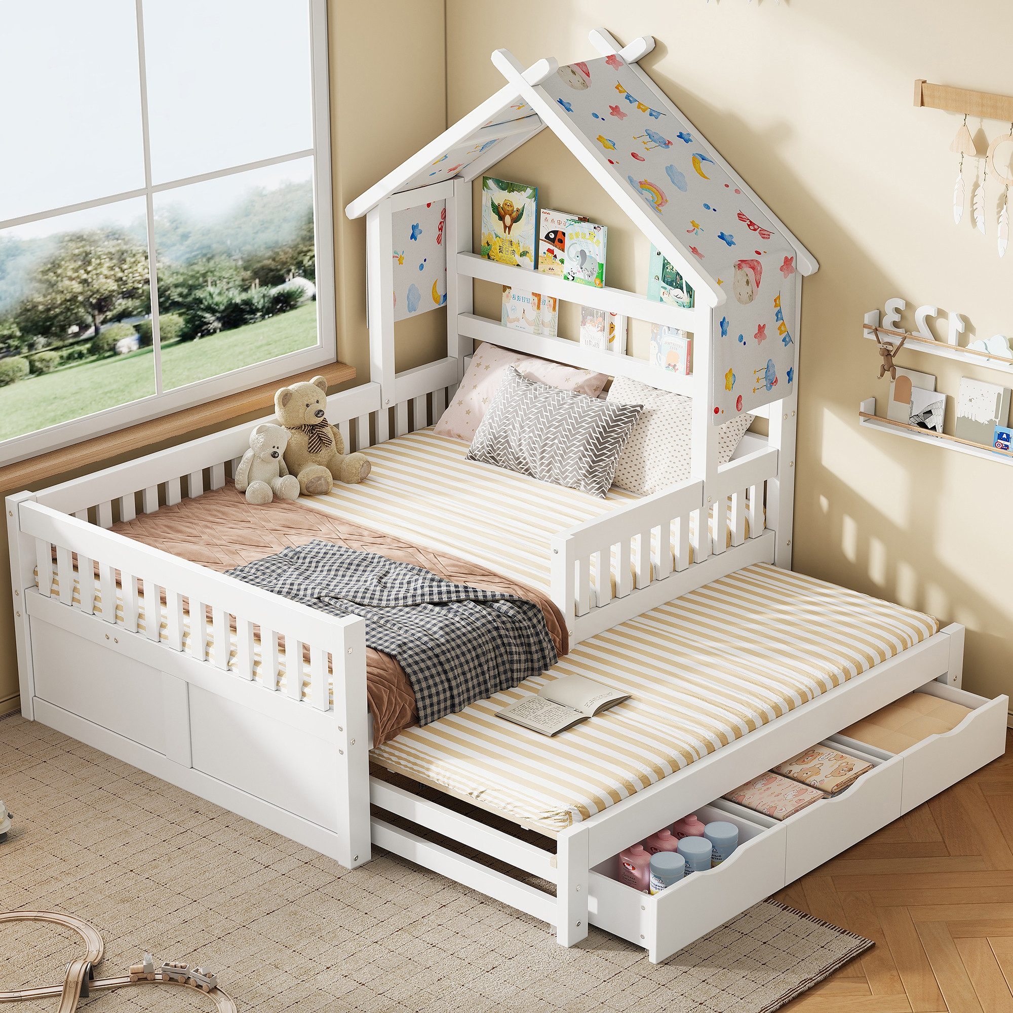 Flieks Kinderbett, Massivholz Hausbett 140x200cm mit Ausziehbett 90x190cm & 3 Schubladen