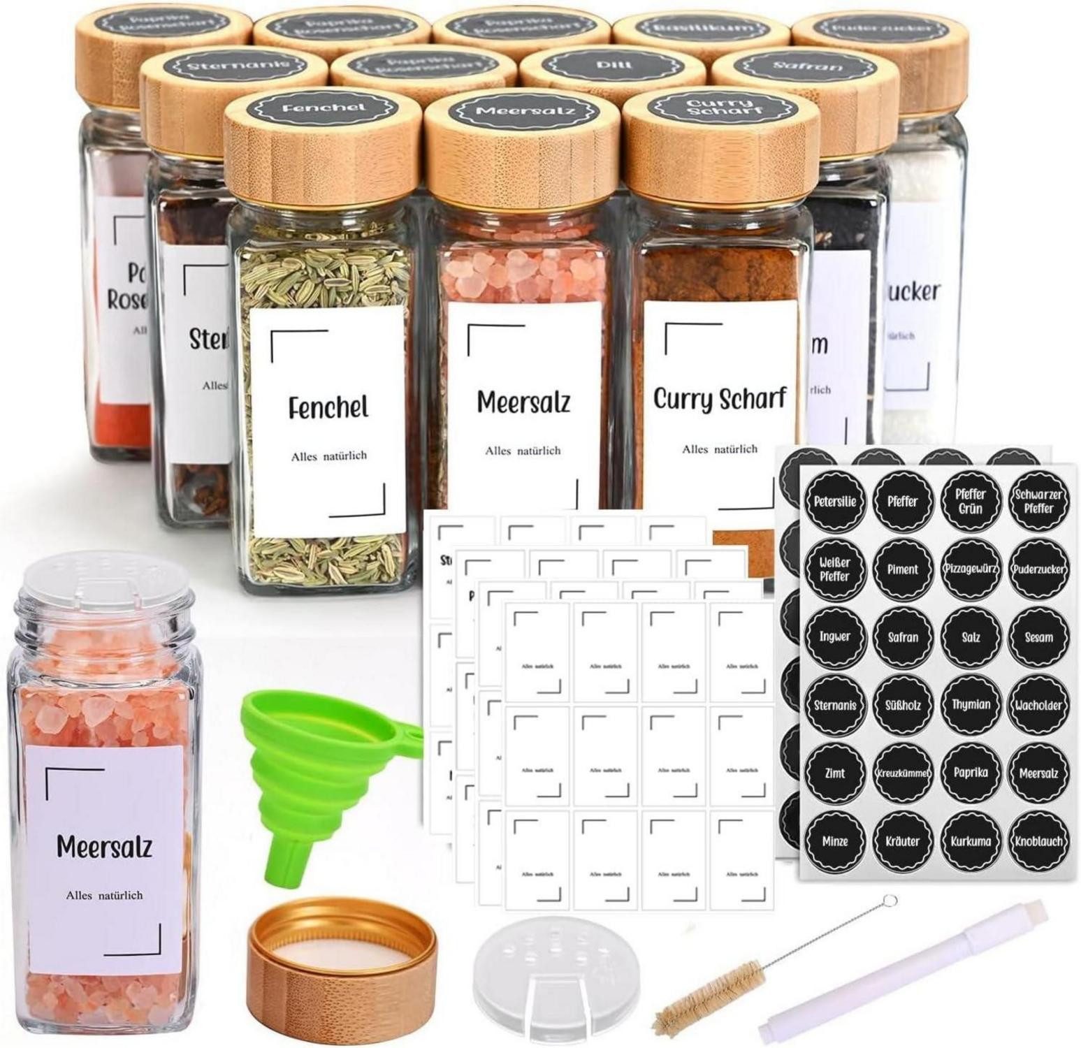 Gläser-Set Gewürzgläser Eckig 12er Set Bambusdeckel 120ml Gewürzstreuer Organizer