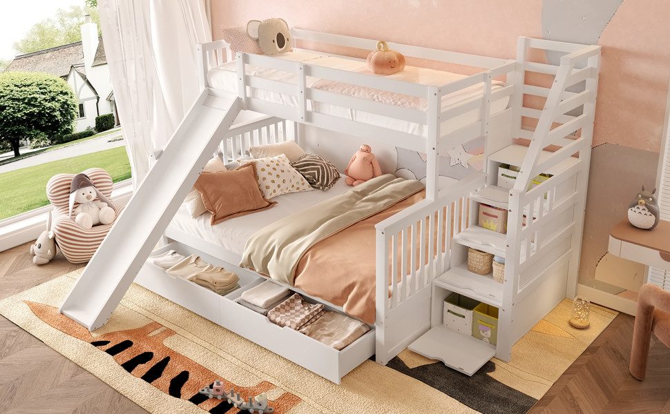 STILVORA Etagenbett 90+140x200 mit Schubladen,Kinderbett mit Rutsche,ohne matratze,Weiß (Etagenbett,mit Rutsche und Schubladen – Multifunktional, Viel Stauraum, Hochwertiges Kiefernholz, Ideal für Kinderzimmer, Weiß – Inklusive Stabile Treppe, Sicher und Praktisch), ohne Matratze