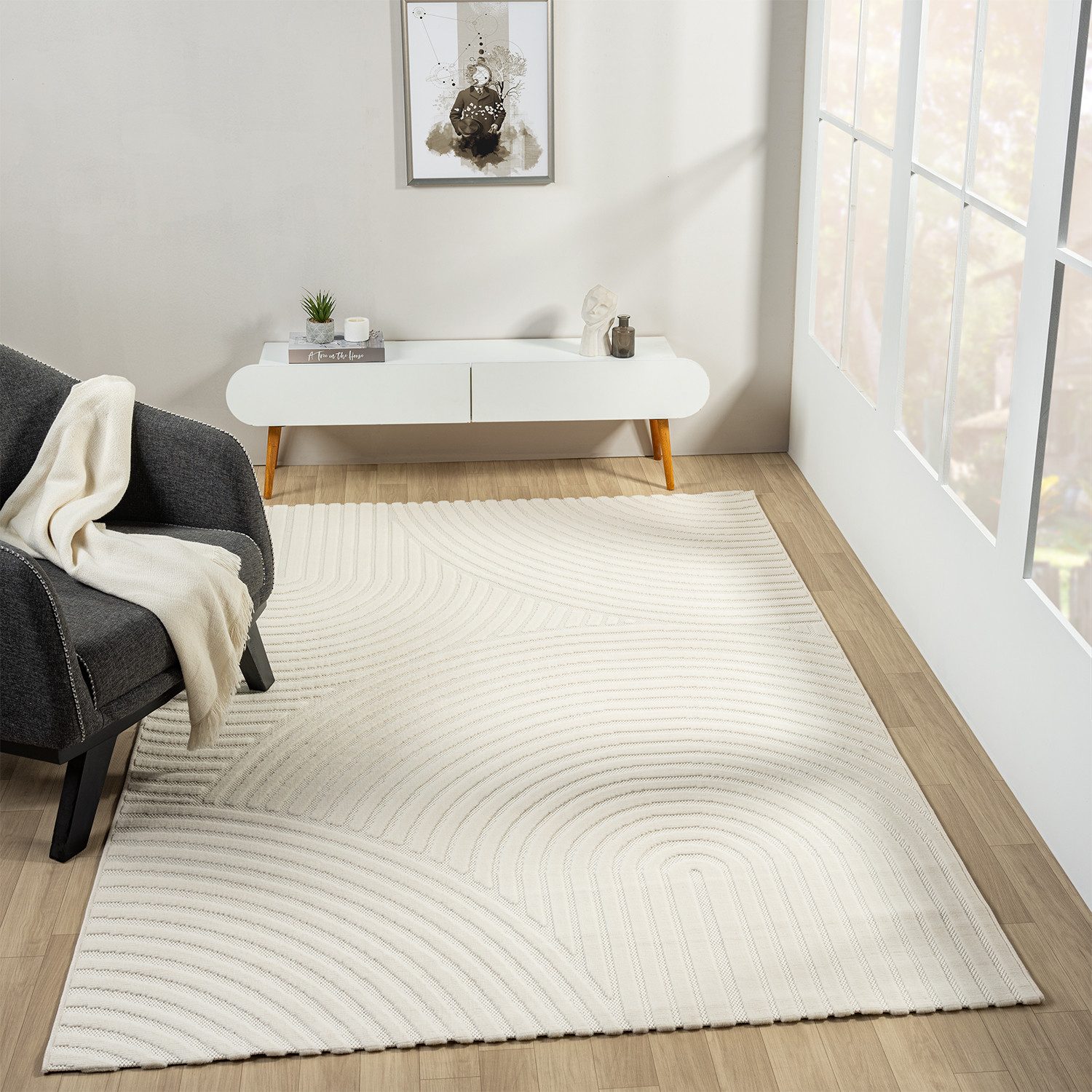 Vimoda Designteppich hoch/tief Motiv, Kurzflor Teppich Creme, Uni, Rechteckig, Höhe: 10 mm, Teppich Boho Design, Wohnzimmer, Schlafzimmer& Küche