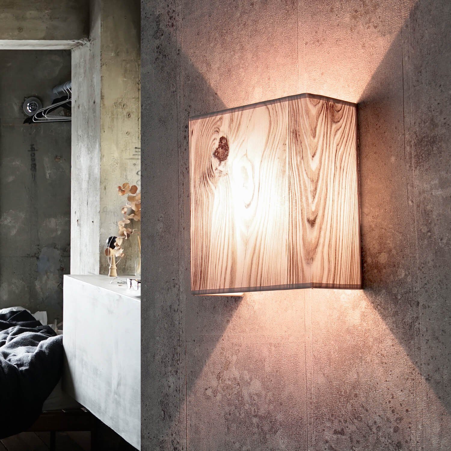 Wandlampe Leuchtmittel, Loft Licht-Erlebnisse ALICE, Lampe ohne Moderne Wandleuchte Holz Stoffschirm eckig Wohnzimmer