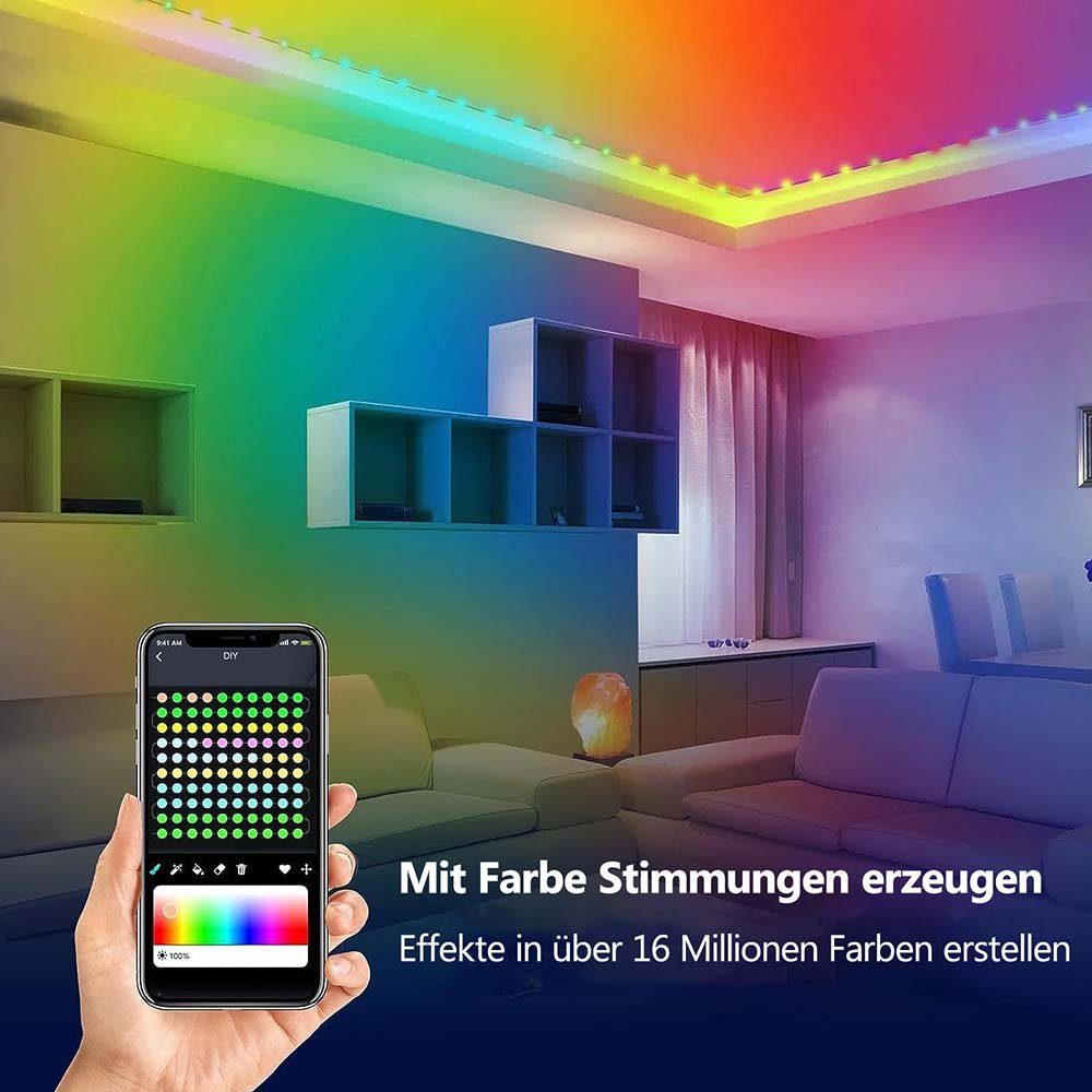 Rosnek LED-Lichterkette 10/20M, Smart, RGB, Schlafzimmer für DIY Party Musiksyn, Weihnachten, USB; Deko Wasserdicht, Farbe, Vorhang App/Fernbedienung