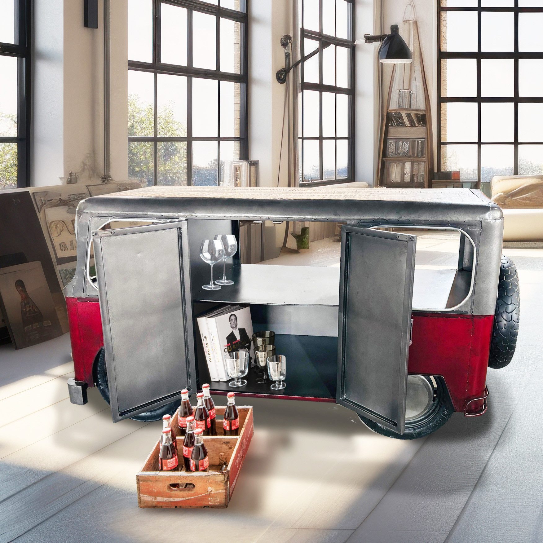 More2Home Sideboard Fahrzeug-Ladentheke, BUS Nr.4, Metall vintage rot/silber