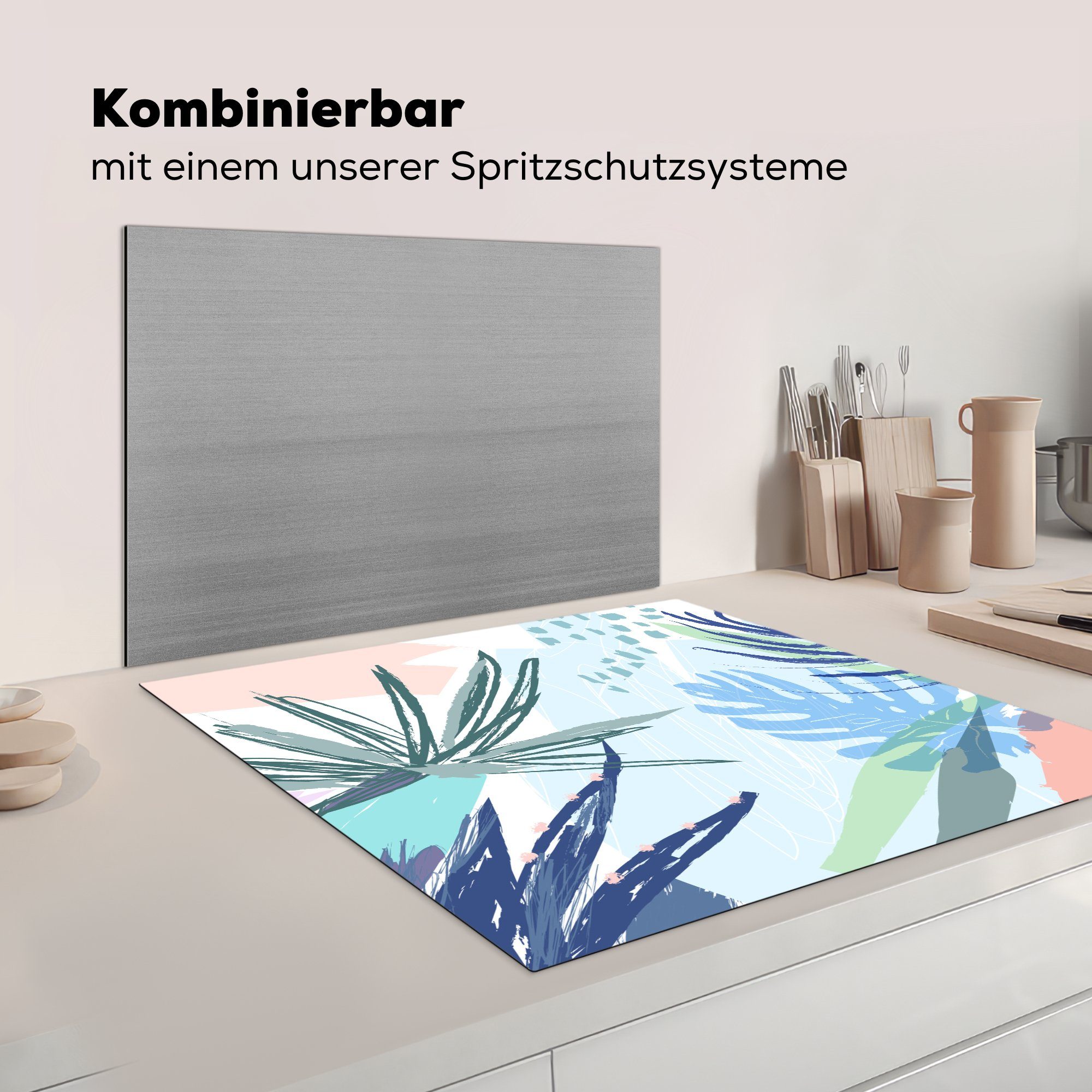 Ceranfeldabdeckung, (1 für - Herdblende-/Abdeckplatte küche - Vinyl, Blau 78x78 MuchoWow Pflanze, Sommer Arbeitsplatte cm, tlg), Tropisch -