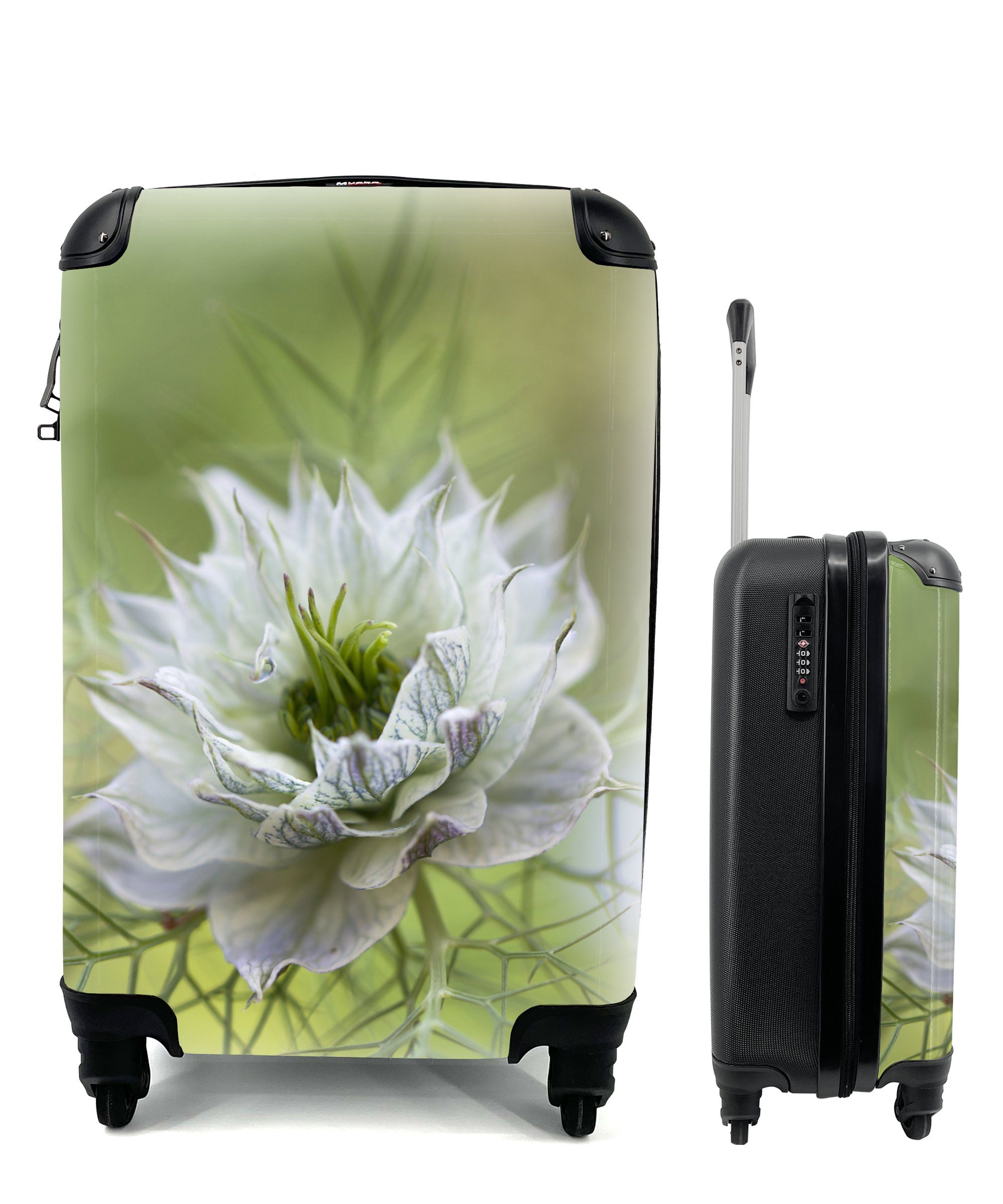 MuchoWow Handgepäckkoffer Eine Nigelblüte vor grünem Hintergrund, 4 Rollen, Reisetasche mit rollen, Handgepäck für Ferien, Trolley, Reisekoffer