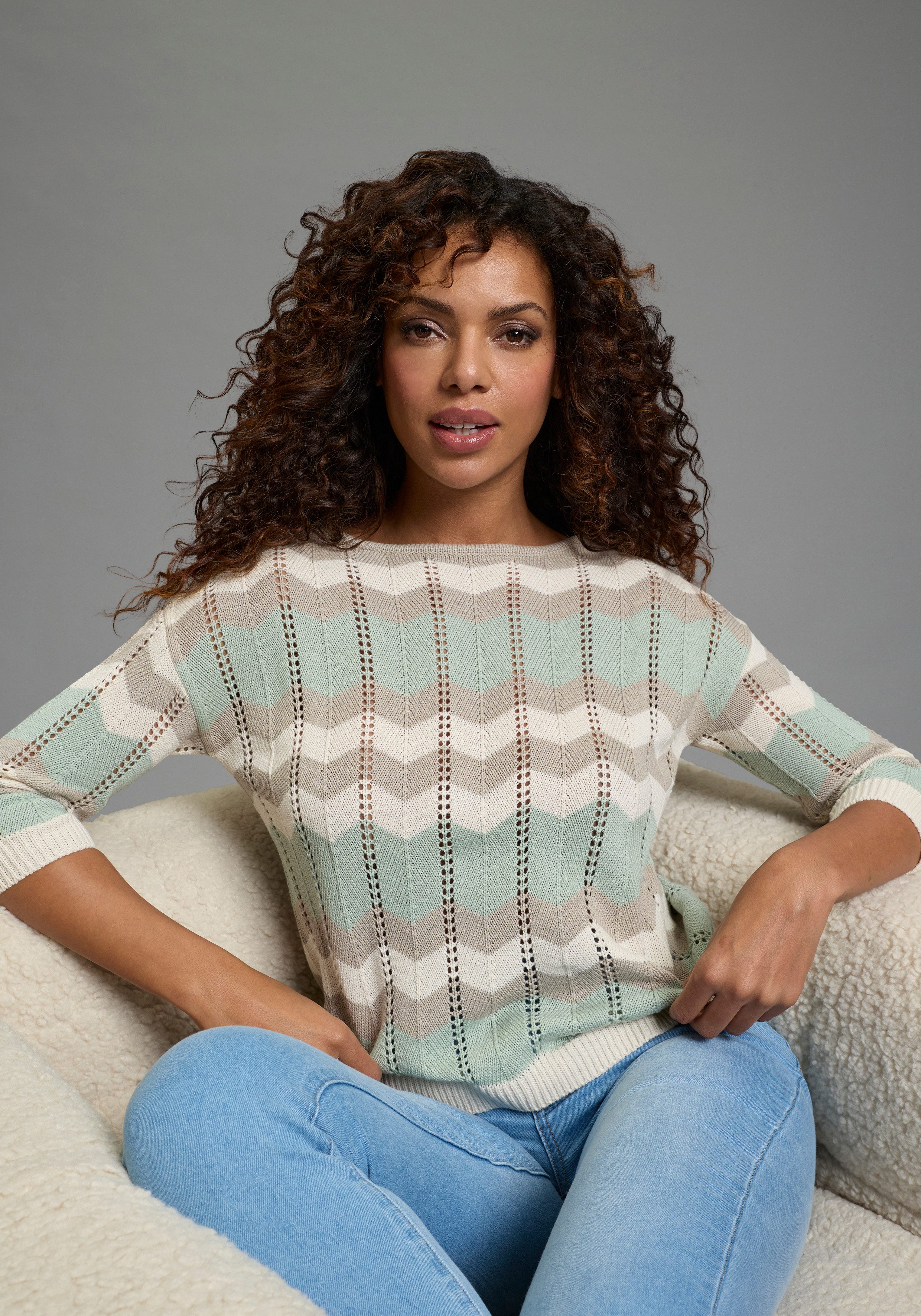 Laura Scott Strickpullover mit Ajourstrickmuster und 3/4 Ärmeln günstig online kaufen