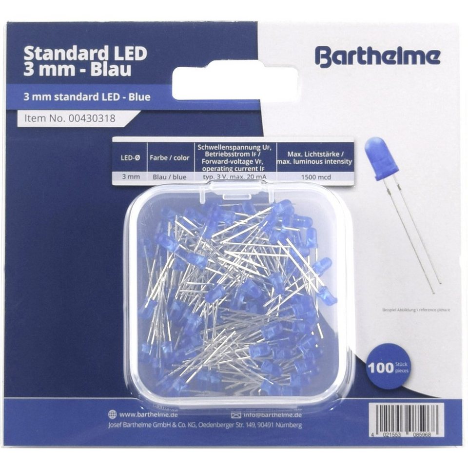 Barthelme LED Solutions LED-Leuchtmittel Barthelme LED-Sortiment Blau Rund  3 mm 1500 mcd 30 ° 20 mA 3 V