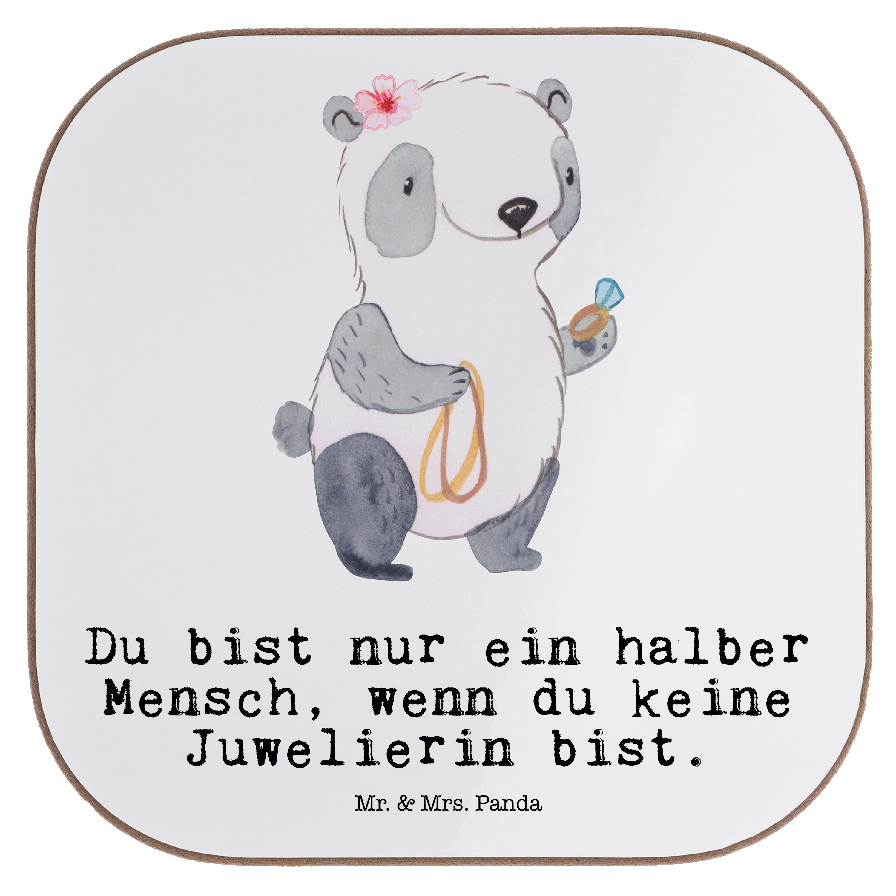 Mr. & Mrs. Panda Getränkeuntersetzer Juwelierin mit Herz - Weiß - Geschenk, Schmuckwarenhändlerin, Bierdec, 1-tlg.