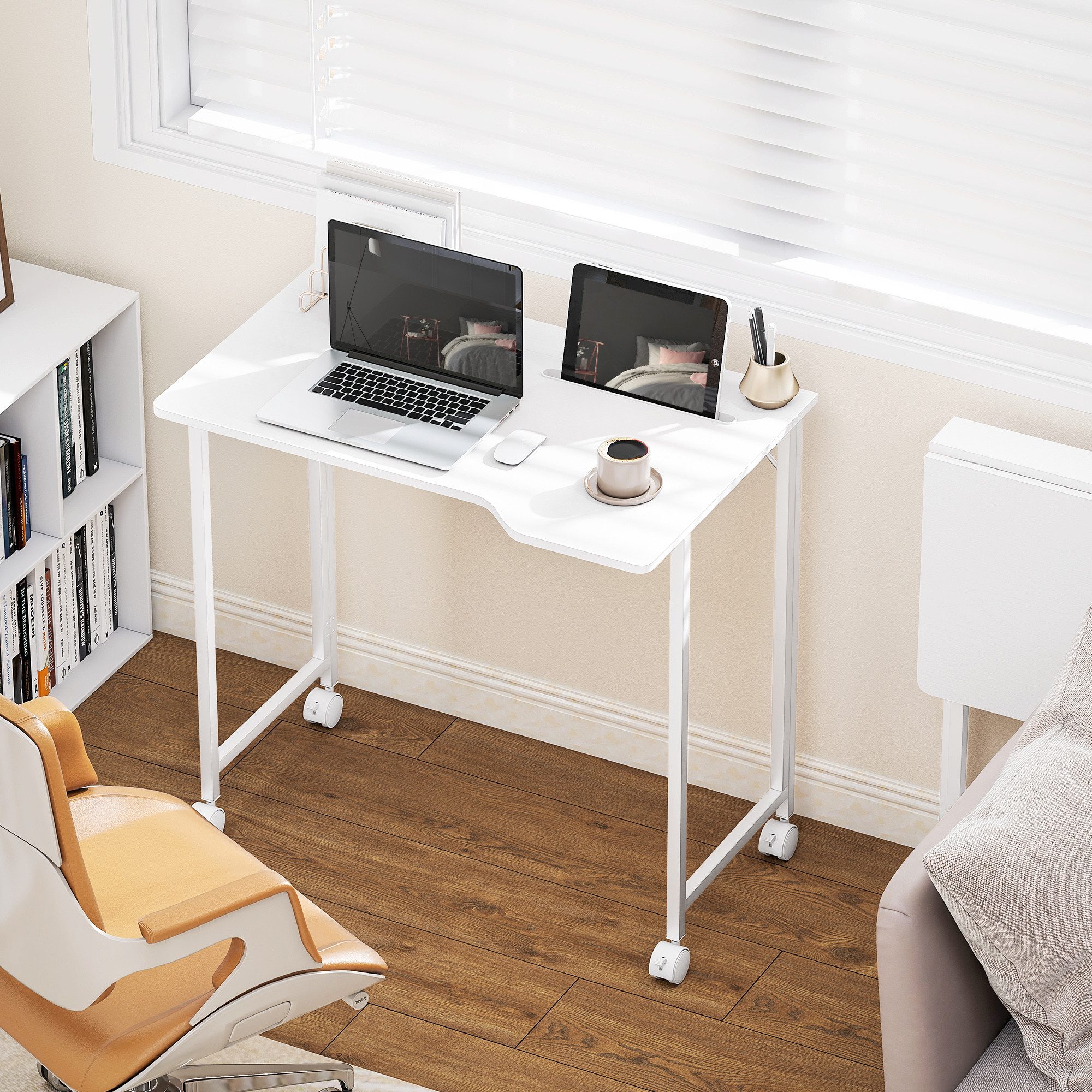 HOMCOM Schreibtisch Für Büro und Schlafzimmer (Set, 1-St., 1 Tisch), Klappbar, mit Rollen, Geräteschlitz von HOMCOM
