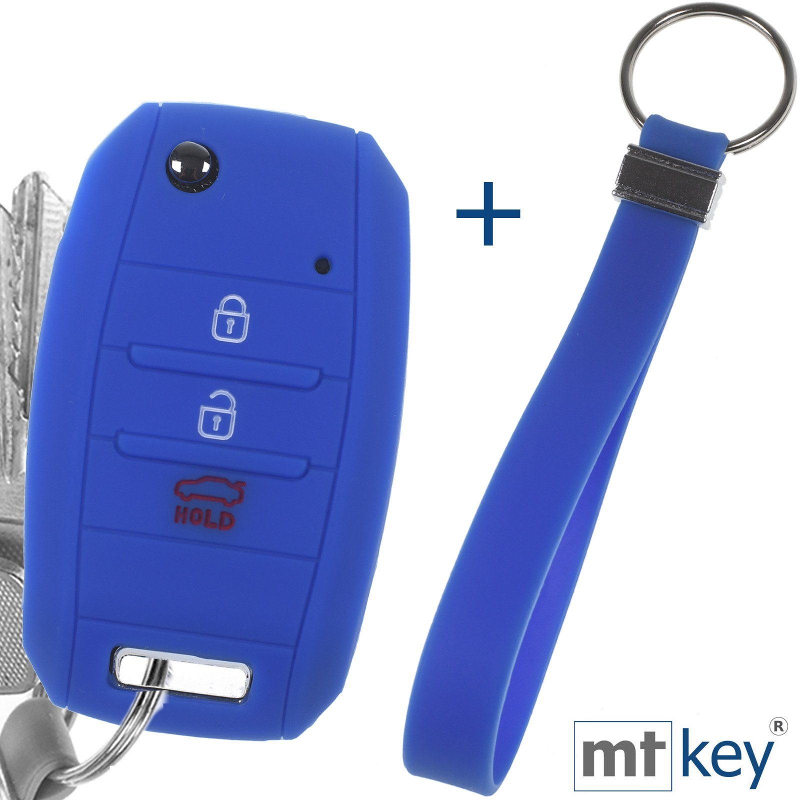 Carens Sportage Tasten 3 mt-key Rio Softcase für Stonic Ceed Schutzhülle Blau Soul Autoschlüssel Picantio KIA mit Schlüsselband, Silikon Schlüsseltasche
