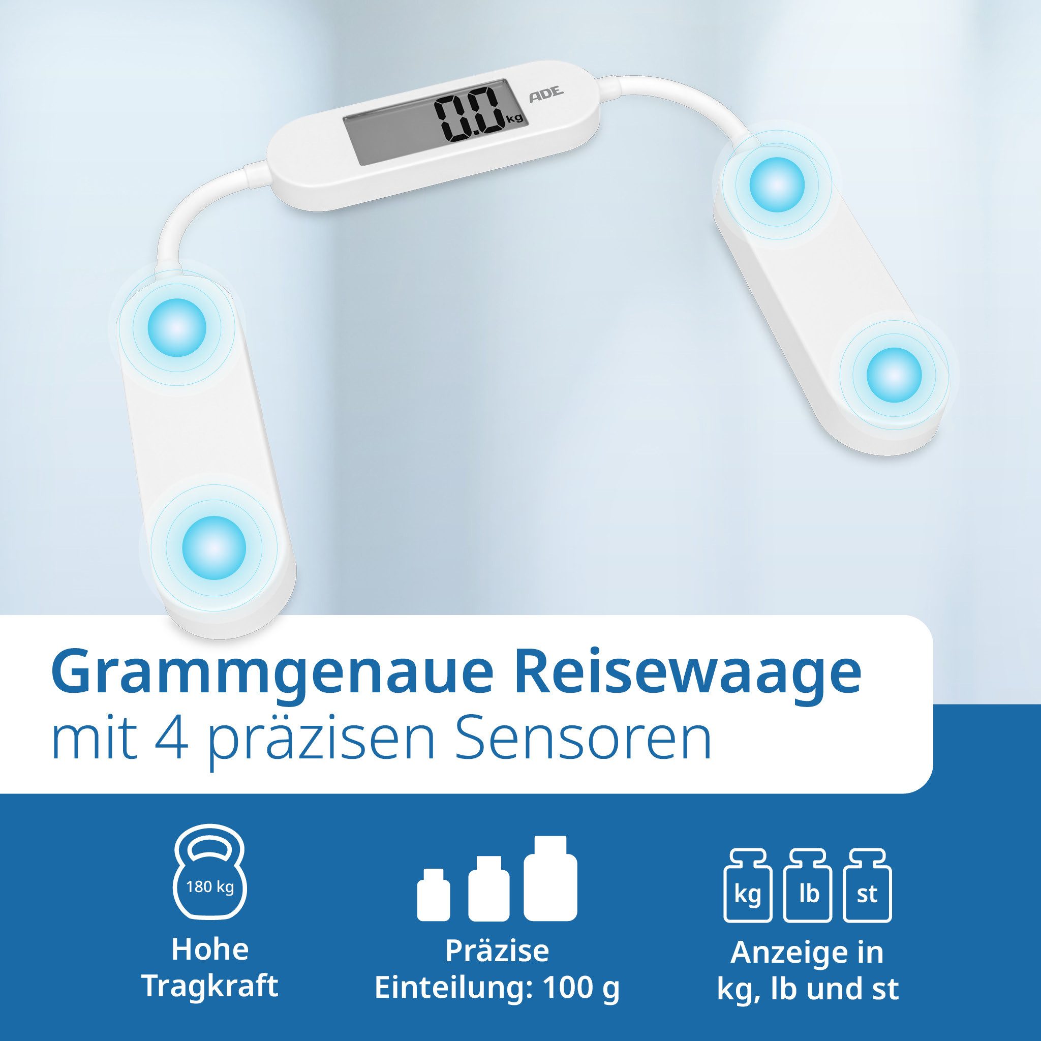 ADE Personenwaage digital, klappbar, ideal als Reisewaage, inkl. Transportbeutel, kompakte Größe, 180 kg Tragkraft, inkl. Batterie