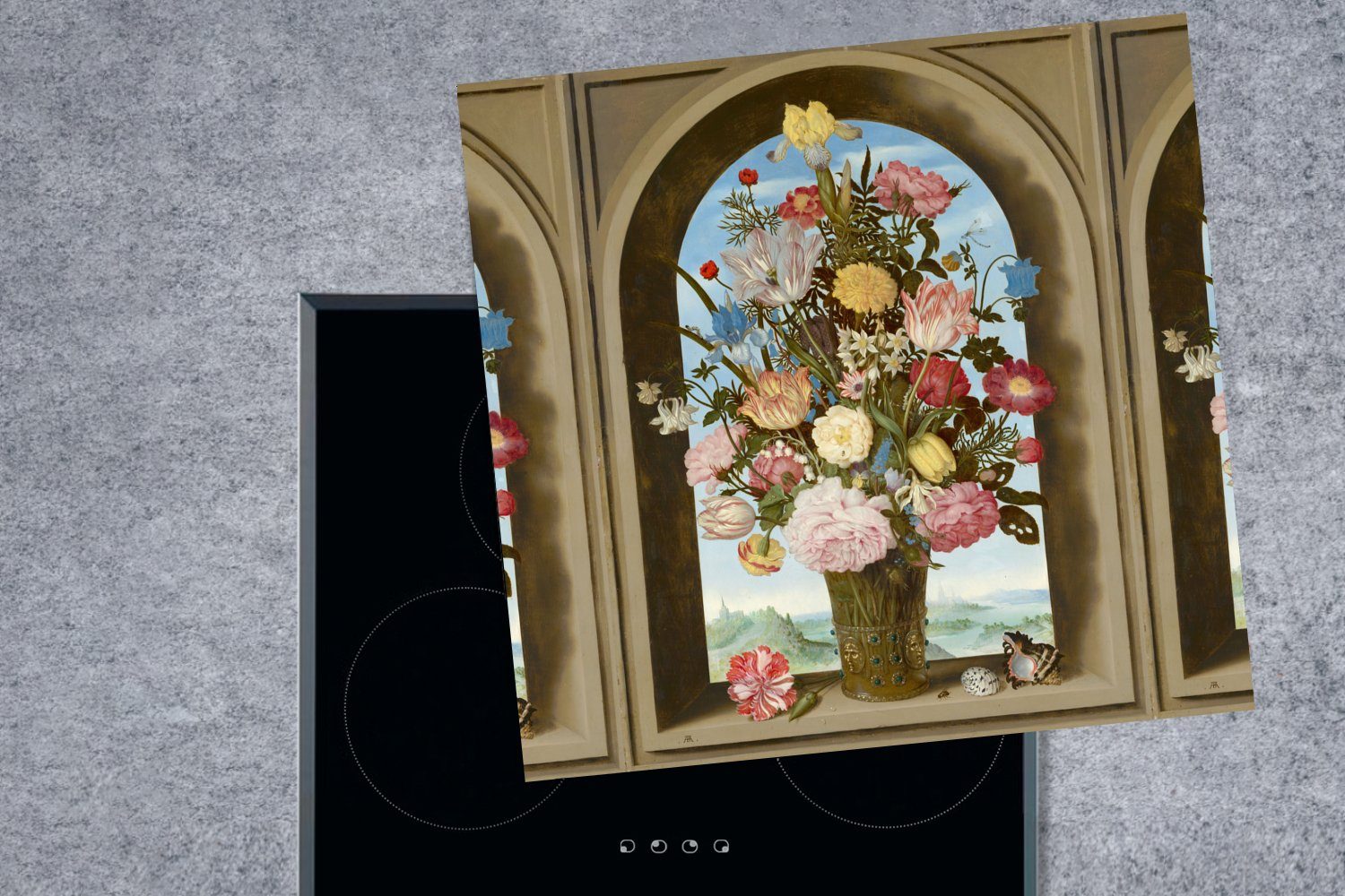 Herdblende-/Abdeckplatte in Vinyl, küche - Gemälde cm, für Arbeitsplatte Bosschaert, Vase von tlg), MuchoWow mit (1 Ambrosius Fenster 78x78 Ceranfeldabdeckung, einem Blumen