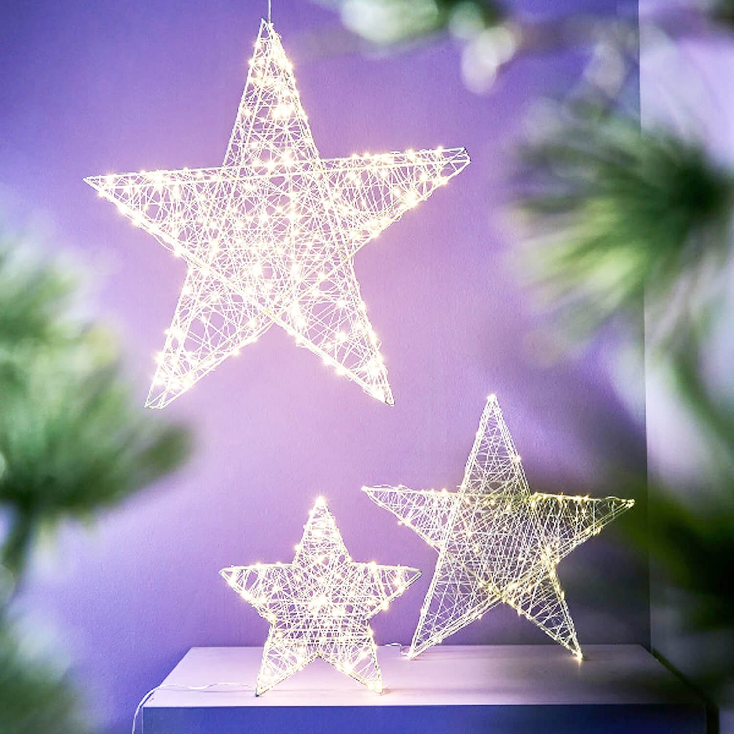Werner Voß Dekohänger LED Draht Stern 80 LEDs Silber 38cm mit Timer Weihnachten zum Hängen (LED Stern mit 80 LEDs)