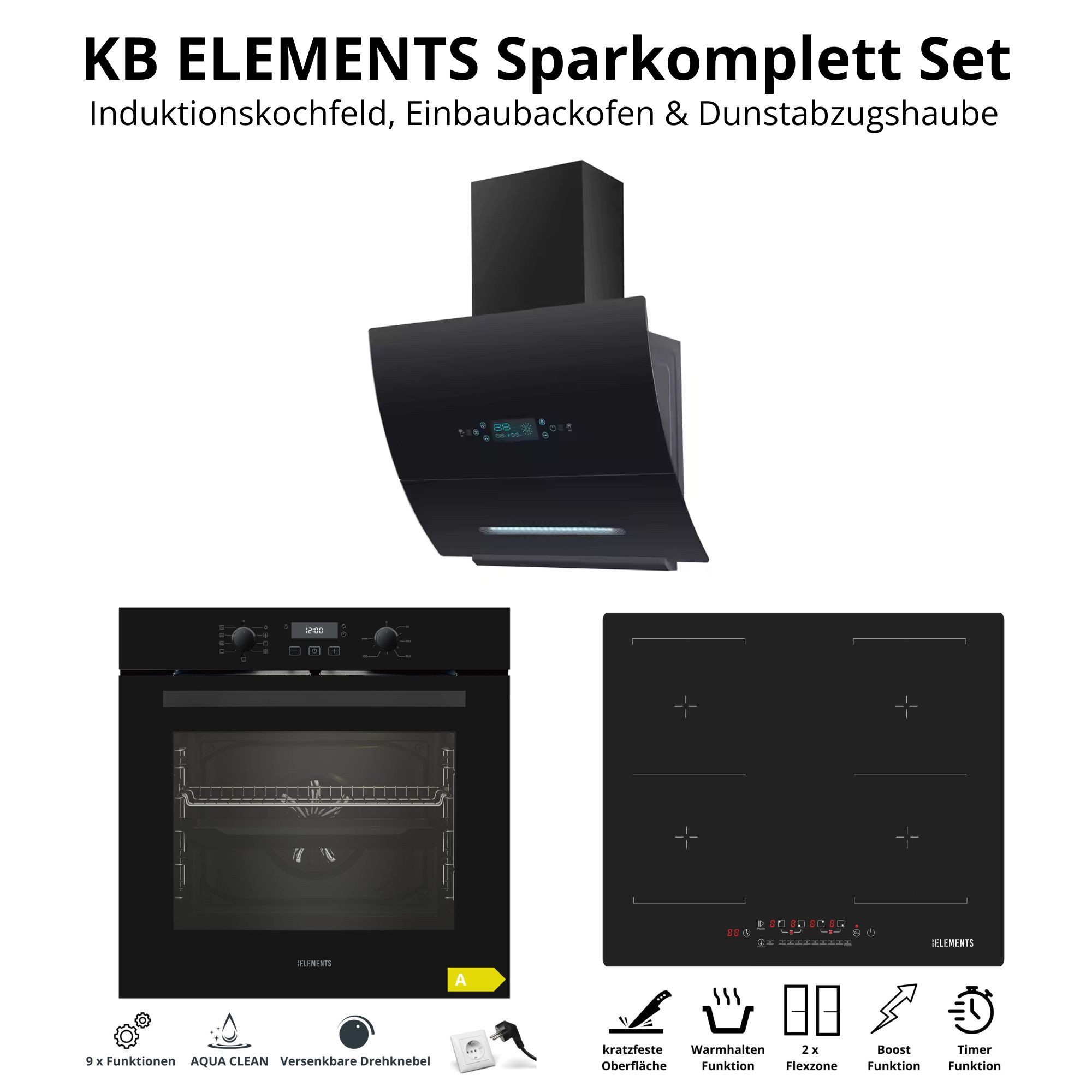 KB Elements Induktions Herd-Set Kratzfestes Induktion 60 cm mit Einbaubackofen 60 cm, Air Fry, Steam Clean, 2 Flexzonen & AntiScratch-Oberfläche