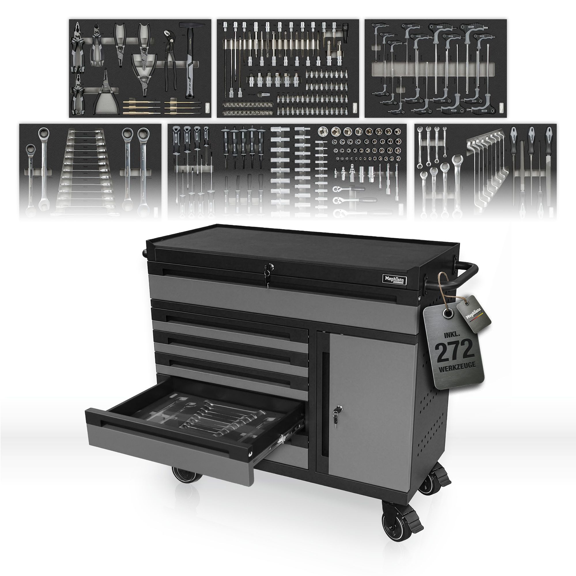 Mephisto-Tools Werkzeugwagen, (fertig montiert und bestückt), 6 Schubladen bis zu 40 kg belastbar plus 1 Tür, 4 Schlüssel inkl.