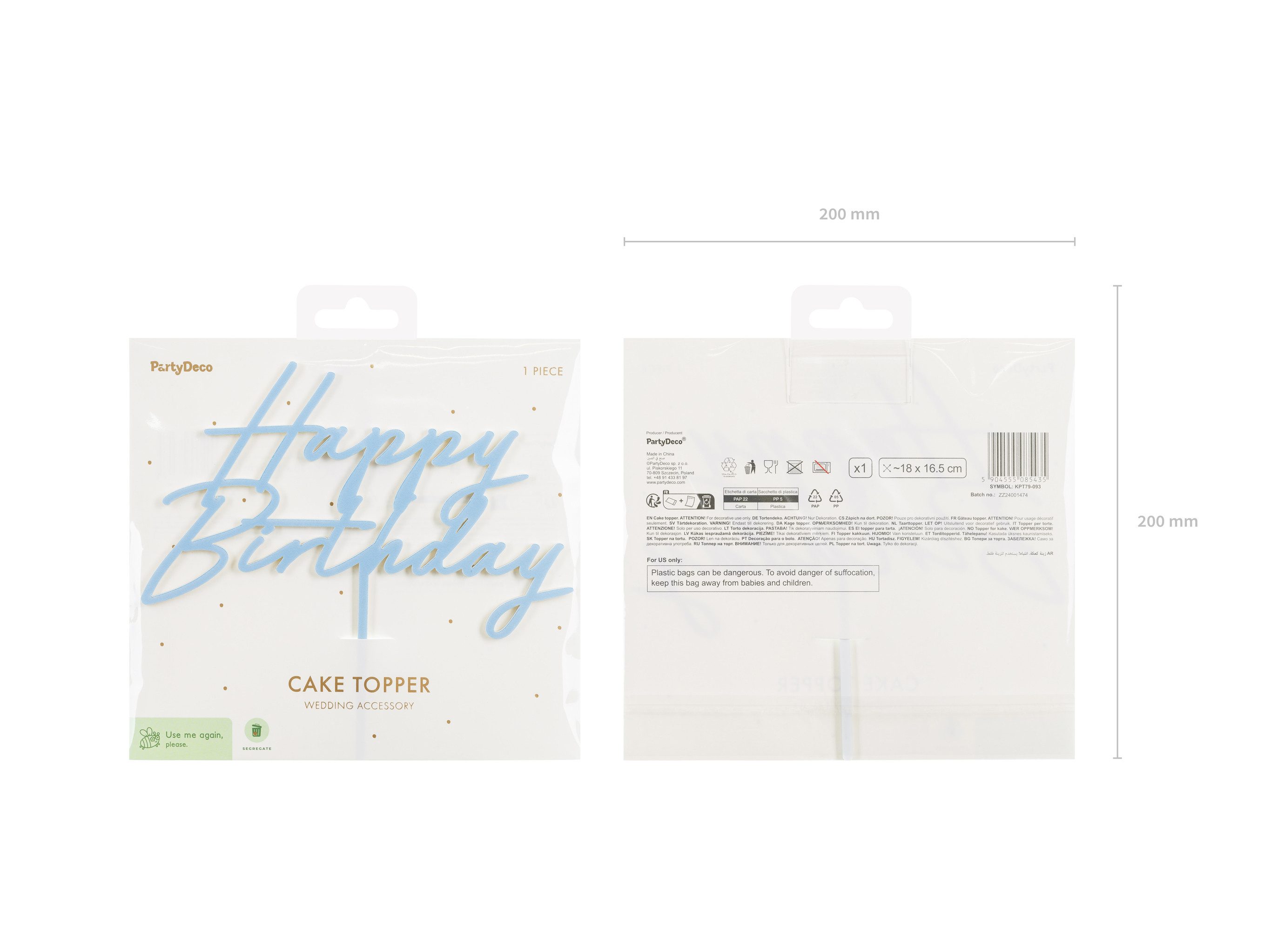 partydeco Tortenstecker, Cake Topper Happy Birthday 18x16cm Hellblau