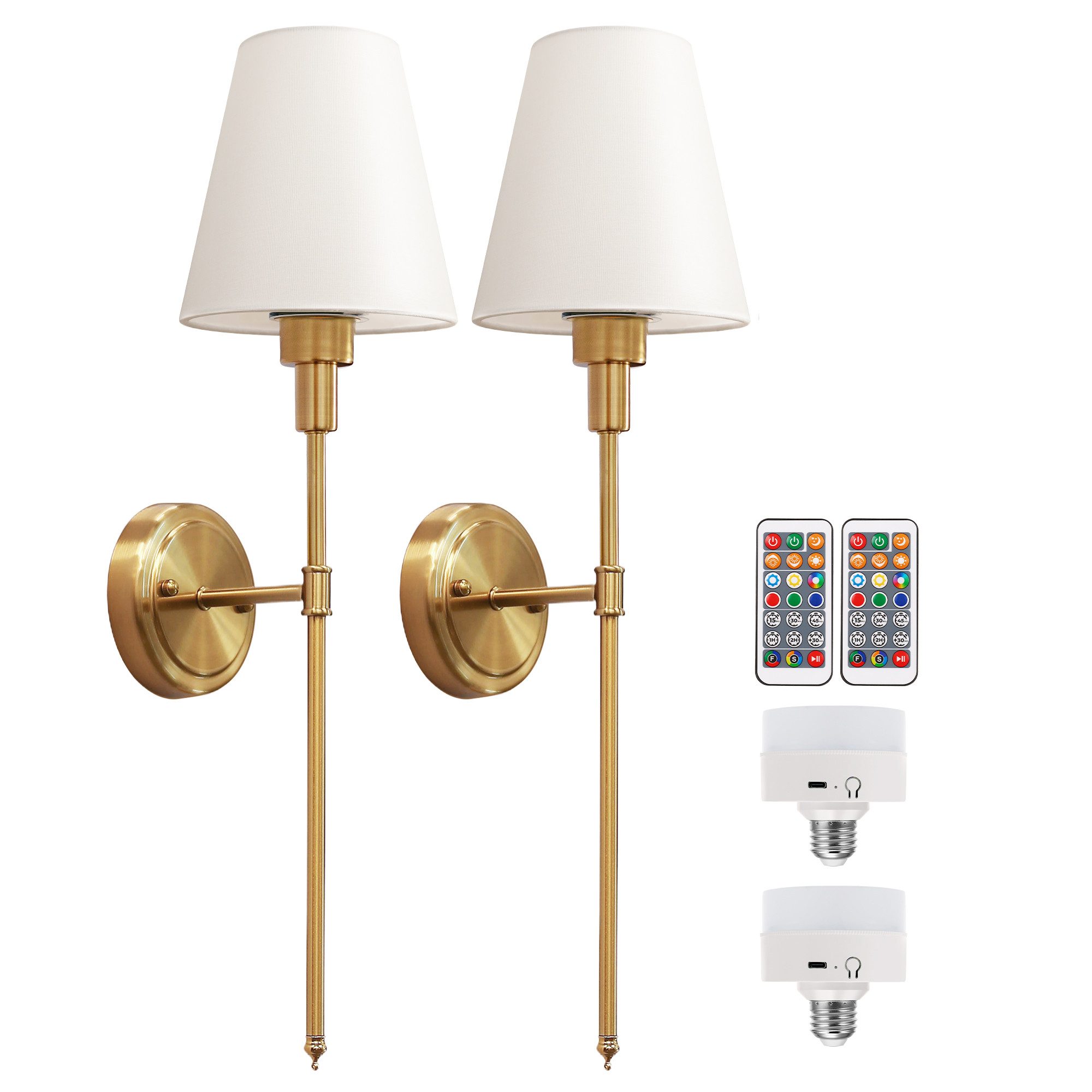 LOHAS-LED Wandleuchte 2 Stück Gold Stoff Innen‑LED‑Leuchte, Akku betrieben, LED wechselbar, RGB‑Farbmodus, Fernbedienung Dimmbar 3000‑5000K RGB E26 Sockel