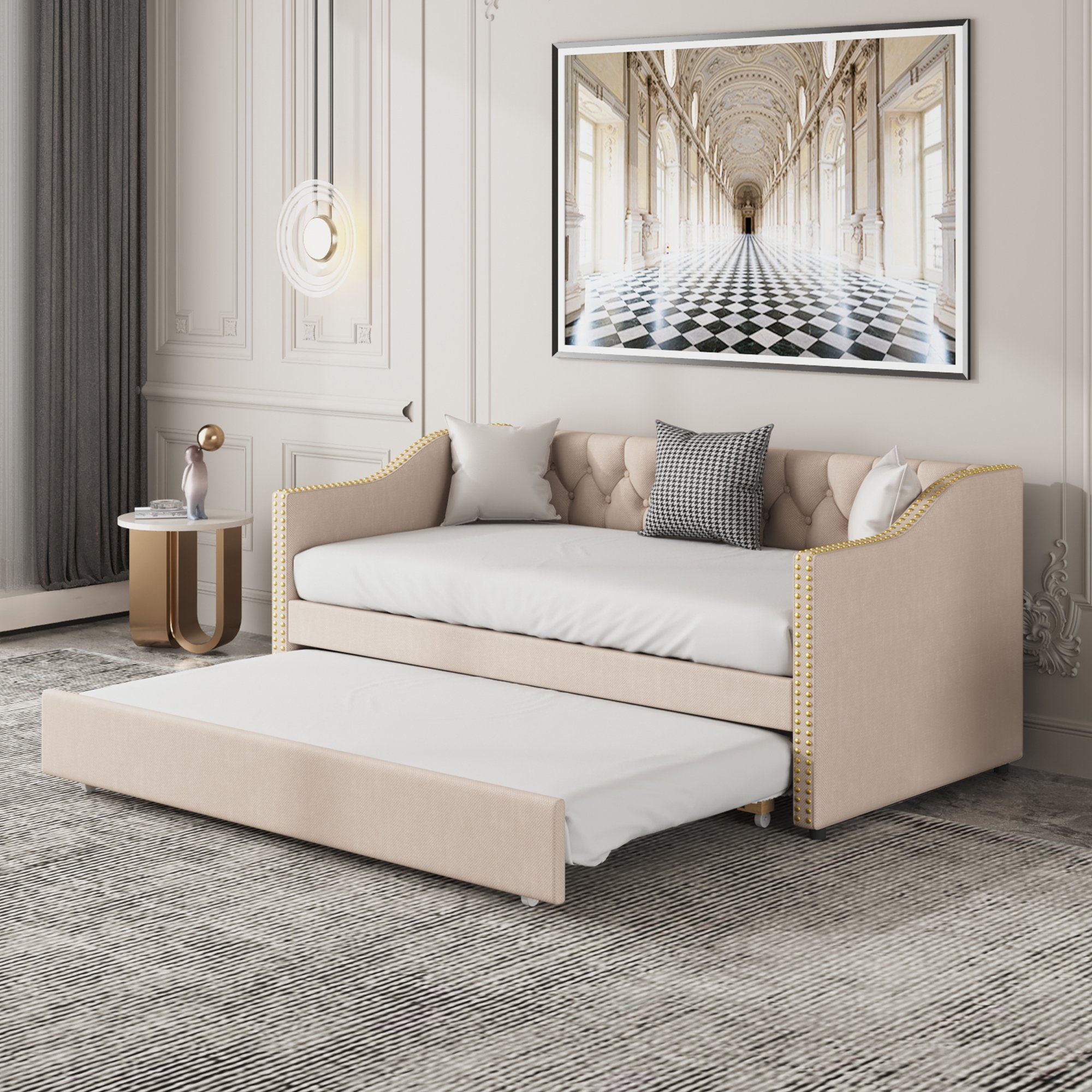 SOFTWEARY Schlafsofa Einzelsofa mit 90x200 Leinen Holz, inkl. aus Lattenrost, Einzelbett, cm, biege Jugendbett Ausziehbett Bettfunktion
