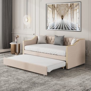 SOFTWEARY Schlafsofa Einzelsofa mit Bettfunktion, Ausziehbett inkl. Lattenrost, 90x200 cm, Einzelbett, Jugendbett aus Holz, Leinen