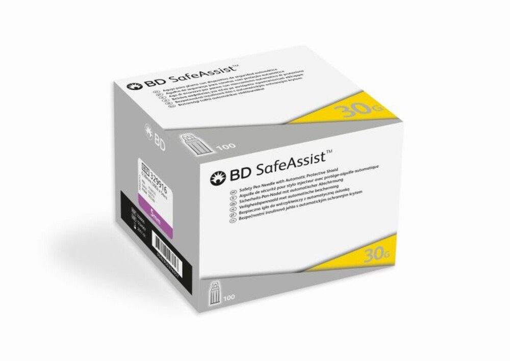 Becton Dickinson Lanzetten BD SafeAssist Sicherheits-Pen-Nadel 0,30x5mm, 30,00G, 100 St., Spar-Set, Universelle Passform für gängige Pens, 100 tlg., Automatischer Sicherheitsmechanismus, Roter Markierungsring