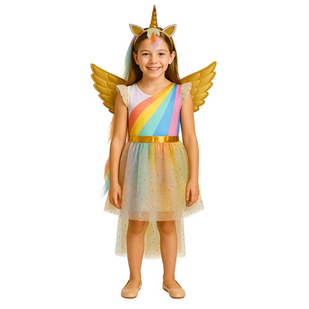 KRUZZEL Kostüm Kinderkostüm Einhornkostüm Fasching, Enthält Kleid, goldene Flügel und Stirnband mit Einhornhorn