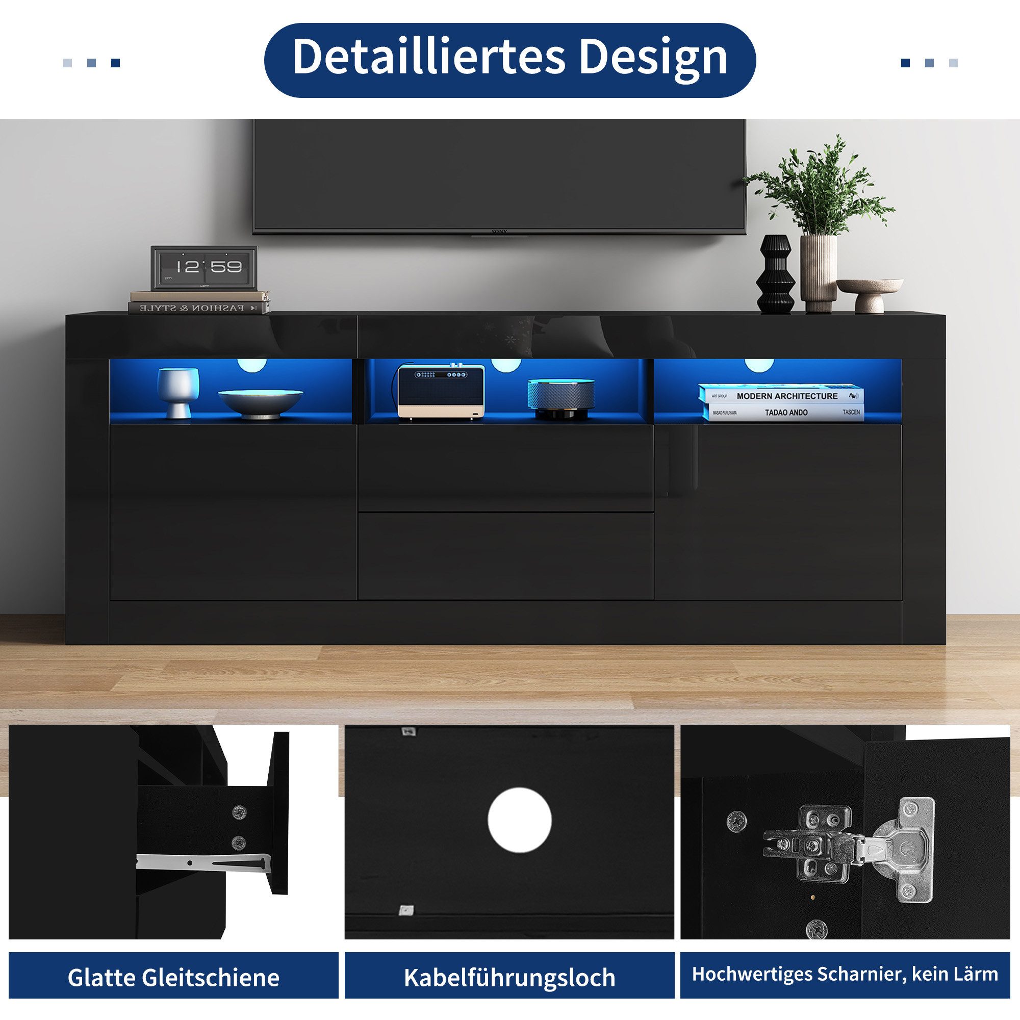 HAUSS SPOLE Lowboard with LED lighting, 3 open compartments, 2 doors, 2 drawers, black (TV stand for 70-inch TVs, 3 open compartments, 2 doors, 2 drawers), with LED lighting