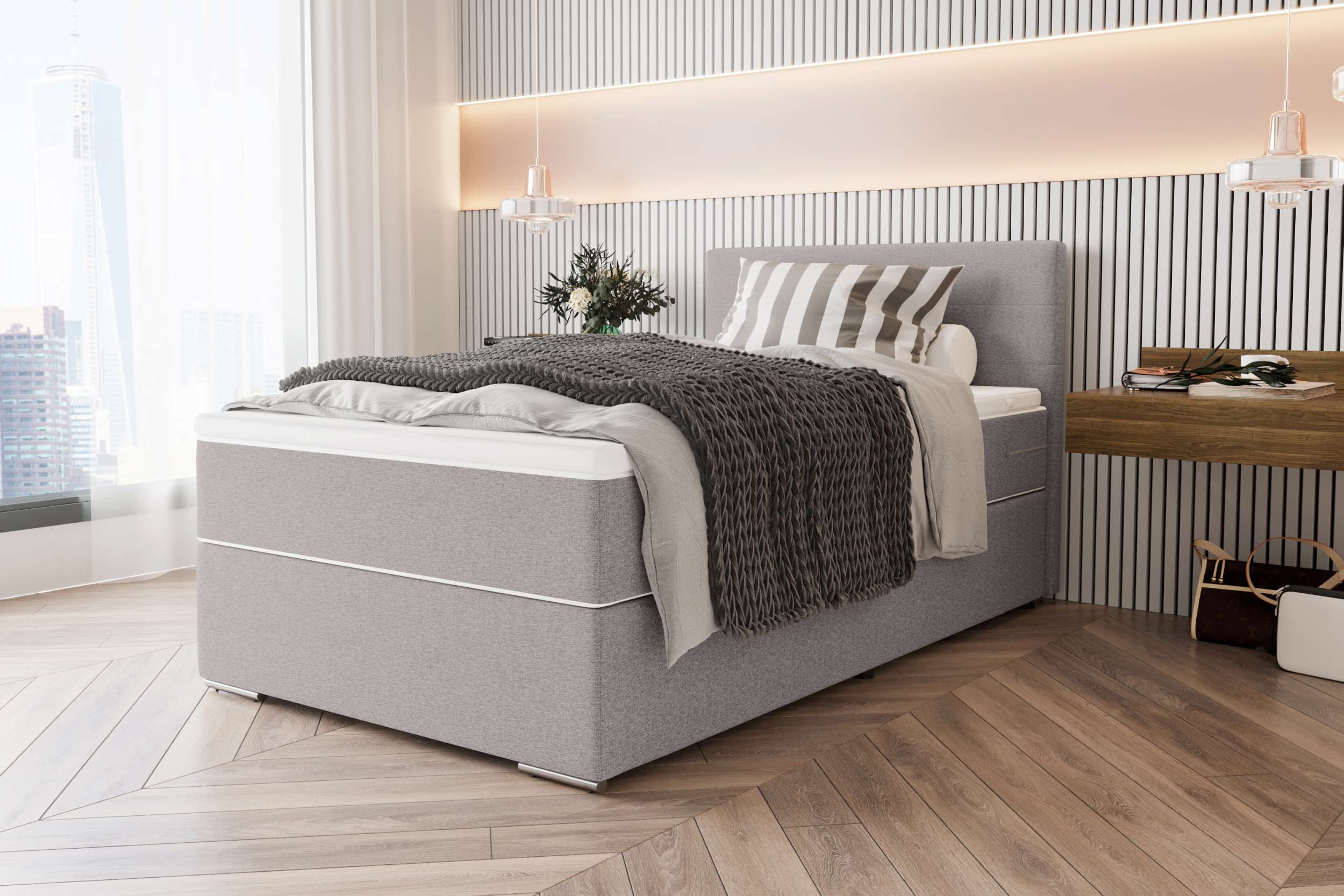 99rooms Boxspringbett Phönix Mini (Schlafzimmerbett, Bett), mit Taschenfederkernmatratze und Topper, in Webstoff MALMO_NEW