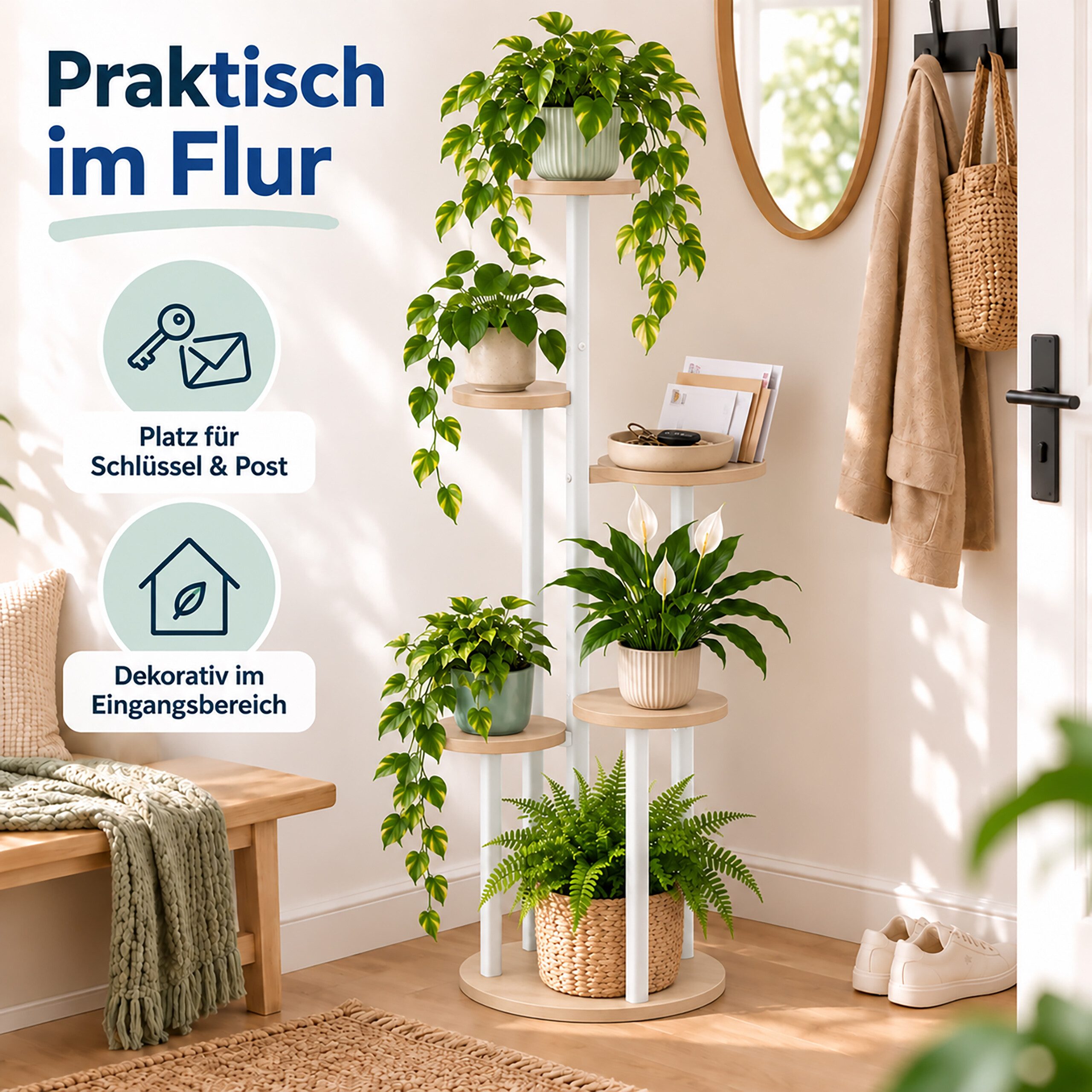 relaxdays Blumenständer Pflanzenständer mit 5 runden Ablagen (1 St), Natur-Weiß – Bild 2 von 5