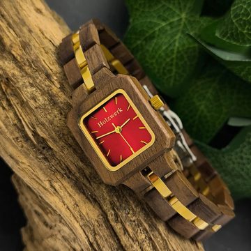 Holzwerk Quarzuhr MAINZ kleine Damen Holz Uhr in Walnuss braun, gold & rot