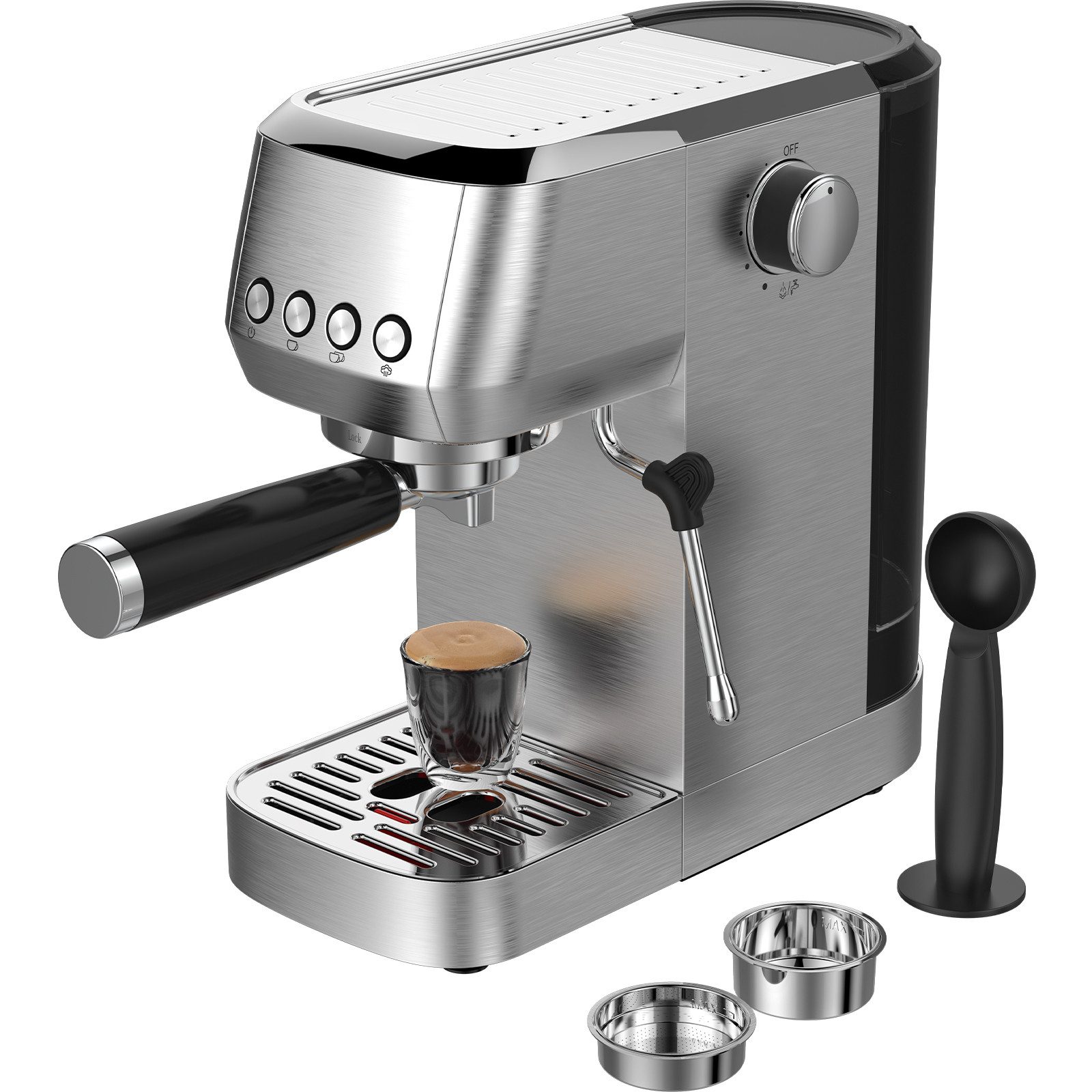 AIMAX Espressomaschine Siebträgermaschine 20 Bar – Kaffeemaschine aus Edelstahl mit Milchaufschäumer, Klassische Tastensteuerung, Kaffeekanne, Edelstahlfilter 51mm, 1350 W, 1,3L Wassertank, für Espresso, Latte Macchiato & Cappuccino
